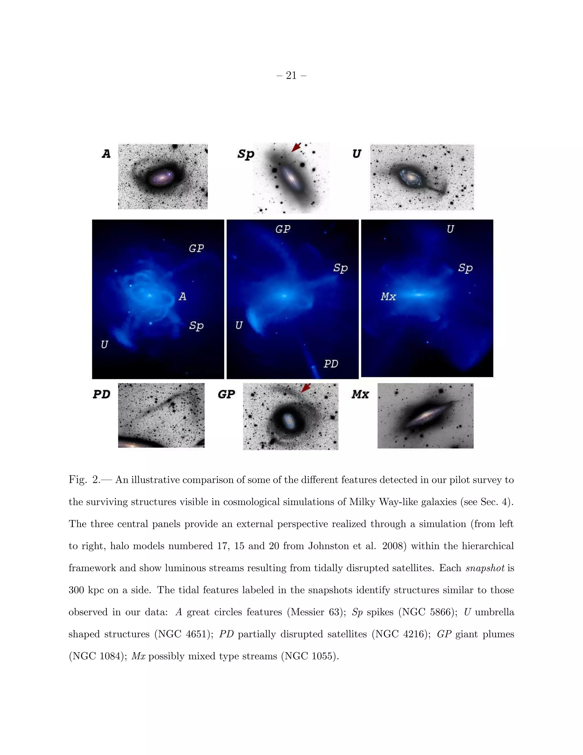 – 21 –
Fig. 2.— An illustrative comparison of some of the diﬀerent features detected in our pilot survey to
the surviving structures visible in cosmological simulations of Milky Way-like galaxies (see Sec. 4).
The three central panels provide an external perspective realized through a simulation (from left
to right, halo models numbered 17, 15 and 20 from Johnston et al. 2008) within the hierarchical
framework and show luminous streams resulting from tidally disrupted satellites. Each snapshot is
300 kpc on a side. The tidal features labeled in the snapshots identify structures similar to those
observed in our data: A great circles features (Messier 63); Sp spikes (NGC 5866); U umbrella
shaped structures (NGC 4651); PD partially disrupted satellites (NGC 4216); GP giant plumes
(NGC 1084); Mx possibly mixed type streams (NGC 1055).
 