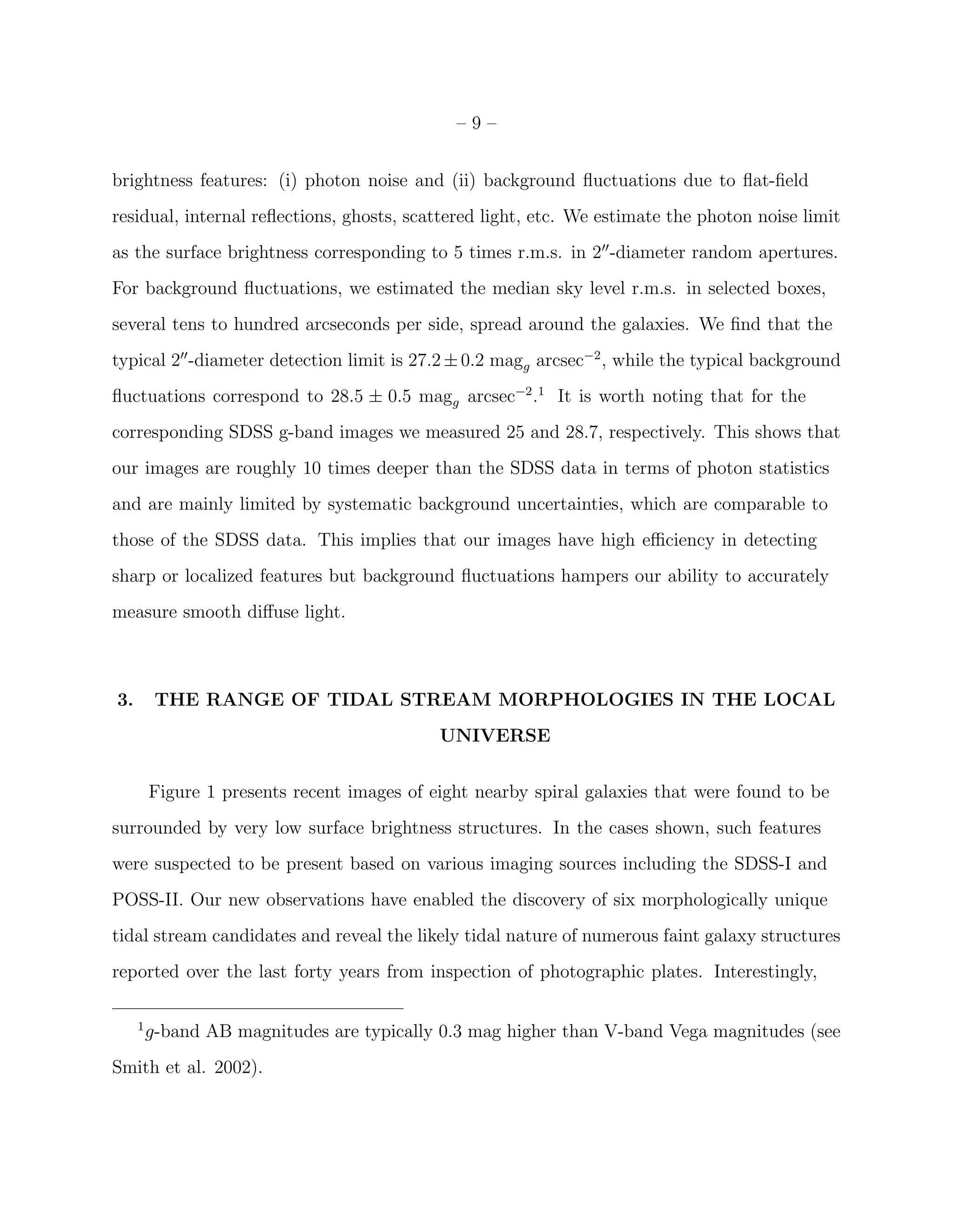 – 9 –
brightness features: (i) photon noise and (ii) background ﬂuctuations due to ﬂat-ﬁeld
residual, internal reﬂections, ghosts, scattered light, etc. We estimate the photon noise limit
as the surface brightness corresponding to 5 times r.m.s. in 2 -diameter random apertures.
For background ﬂuctuations, we estimated the median sky level r.m.s. in selected boxes,
several tens to hundred arcseconds per side, spread around the galaxies. We ﬁnd that the
typical 2 -diameter detection limit is 27.2±0.2 magg arcsec−2
, while the typical background
ﬂuctuations correspond to 28.5 ± 0.5 magg arcsec−2
.1
It is worth noting that for the
corresponding SDSS g-band images we measured 25 and 28.7, respectively. This shows that
our images are roughly 10 times deeper than the SDSS data in terms of photon statistics
and are mainly limited by systematic background uncertainties, which are comparable to
those of the SDSS data. This implies that our images have high eﬃciency in detecting
sharp or localized features but background ﬂuctuations hampers our ability to accurately
measure smooth diﬀuse light.
3. THE RANGE OF TIDAL STREAM MORPHOLOGIES IN THE LOCAL
UNIVERSE
Figure 1 presents recent images of eight nearby spiral galaxies that were found to be
surrounded by very low surface brightness structures. In the cases shown, such features
were suspected to be present based on various imaging sources including the SDSS-I and
POSS-II. Our new observations have enabled the discovery of six morphologically unique
tidal stream candidates and reveal the likely tidal nature of numerous faint galaxy structures
reported over the last forty years from inspection of photographic plates. Interestingly,
1
g-band AB magnitudes are typically 0.3 mag higher than V-band Vega magnitudes (see
Smith et al. 2002).
 