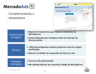 Complementando o
ecossistema



                    Disponível inicialmente para maiores vendedores do
Características     MercadoLivre
  do negócio        Comercialização para varejistas online do mercado de
                    diversos portes


                    >400 buscas/segundo conferem potencial único de cliques
    Números         qualificados
                    Mais de 2,5 bilhões de impressões de links por mês



   Elementos        Foco em links patrocinados
  estratégicos      MercadoAds oferece aos varejistas tráfego do MercadoLivre

MERCADO L IV R E
                                      6
 