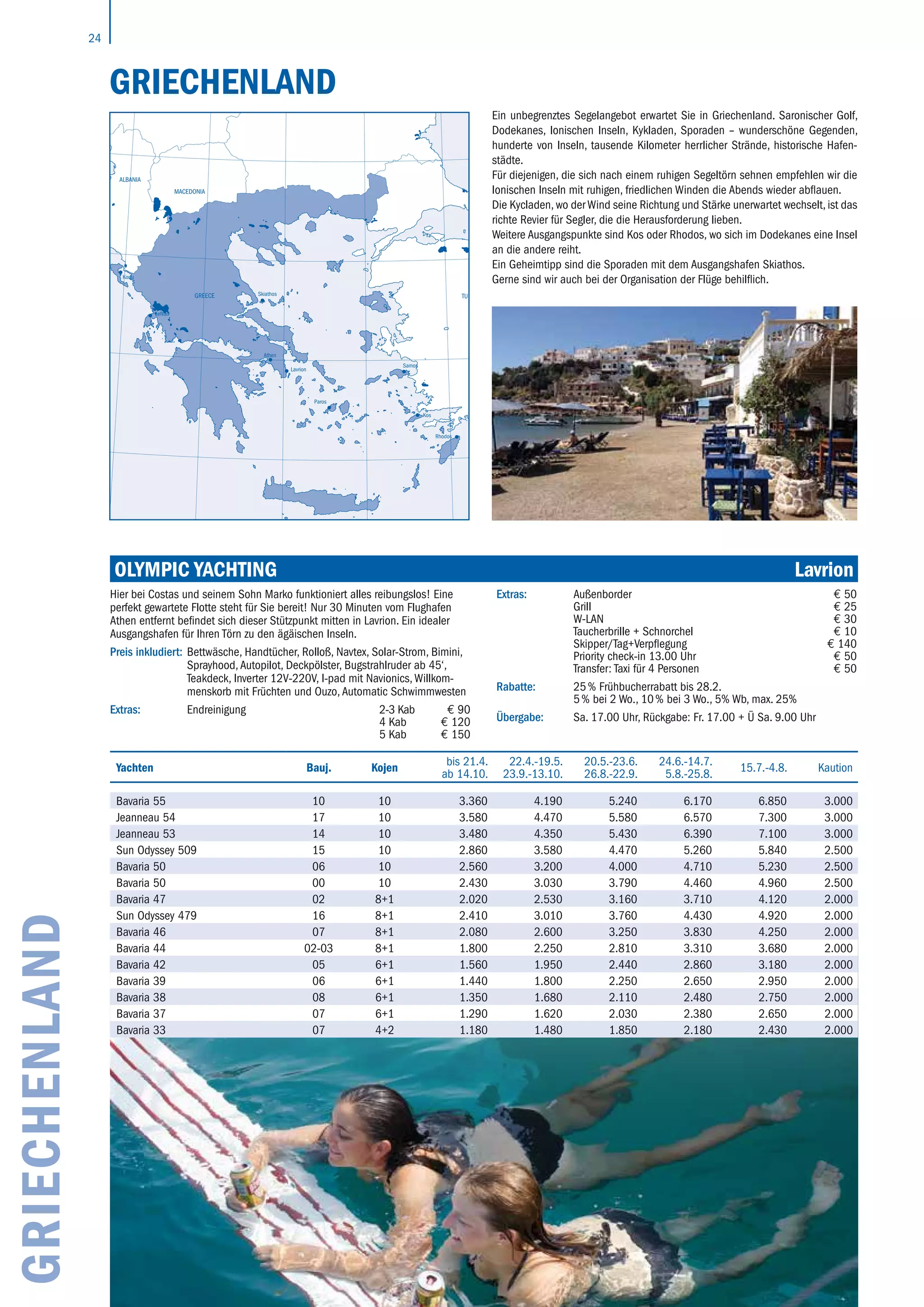 24
GRIECHENLAND
Ein unbegrenztes Segelangebot erwartet Sie in Griechenland. Saronischer Golf,
Dodekanes, Ionischen Inseln, Kykladen, Sporaden – wunderschöne Gegenden,
hunderte von Inseln, tausende Kilometer herrlicher Strände, historische Hafen-
städte.
Für diejenigen, die sich nach einem ruhigen Segeltörn sehnen empfehlen wir die
Ionischen Inseln mit ruhigen, friedlichen Winden die Abends wieder abflauen.
Die Kycladen, wo der Wind seine Richtung und Stärke unerwartet wechselt, ist das
richte Revier für Segler, die die Herausforderung lieben.
Weitere Ausgangspunkte sind Kos oder Rhodos, wo sich im Dodekanes eine Insel
an die andere reiht.
Ein Geheimtipp sind die Sporaden mit dem Ausgangshafen Skiathos.
Gerne sind wir auch bei der Organisation der Flüge behilflich.
GREECE TURKEY
MACEDONIA
ALBANIA
Athen
Korfu
Skiathos
Lefkas
Lavrion
Paros
Samos
Kos
Rhodos
20° 22° 24° 26° 28°
20° 22° 24° 26° 28° 30°
44°
42°
40°
38°
36°
44°
42°
40°
38°
36°
OLYMPIC YACHTING	 Lavrion
Yachten Bauj. Kojen
bis 21.4.
ab 14.10.
22.4.-19.5.
23.9.-13.10.
20.5.-23.6.
26.8.-22.9.
24.6.-14.7.
5.8.-25.8.
15.7.-4.8. Kaution
Bavaria 55 10 10 3.360 4.190 5.240 6.170 6.850 3.000
Jeanneau 54 17 10 3.580 4.470 5.580 6.570 7.300 3.000
Jeanneau 53 14 10 3.480 4.350 5.430 6.390 7.100 3.000
Sun Odyssey 509 15 10 2.860 3.580 4.470 5.260 5.840 2.500
Bavaria 50 06 10 2.560 3.200 4.000 4.710 5.230 2.500
Bavaria 50 00 10 2.430 3.030 3.790 4.460 4.960 2.500
Bavaria 47 02 8+1 2.020 2.530 3.160 3.710 4.120 2.000
Sun Odyssey 479 16 8+1 2.410 3.010 3.760 4.430 4.920 2.000
Bavaria 46 07 8+1 2.080 2.600 3.250 3.830 4.250 2.000
Bavaria 44 02-03 8+1 1.800 2.250 2.810 3.310 3.680 2.000
Bavaria 42 05 6+1 1.560 1.950 2.440 2.860 3.180 2.000
Bavaria 39 06 6+1 1.440 1.800 2.250 2.650 2.950 2.000
Bavaria 38 08 6+1 1.350 1.680 2.110 2.480 2.750 2.000
Bavaria 37 07 6+1 1.290 1.620 2.030 2.380 2.650 2.000
Bavaria 33 07 4+2 1.180 1.480 1.850 2.180 2.430 2.000
GRIECHENLAND
Hier bei Costas und seinem Sohn Marko funktioniert alles reibungslos! Eine
perfekt gewartete Flotte steht für Sie bereit! Nur 30 Minuten vom Flughafen
Athen entfernt befindet sich dieser Stützpunkt mitten in Lavrion. Ein idealer
Ausgangshafen für Ihren Törn zu den ägäischen Inseln.
Preis inkludiert: Bettwäsche, Handtücher, Rolloß, Navtex, Solar-Strom, Bimini,
Sprayhood, Autopilot, Deckpölster, Bugstrahlruder ab 45‘,
Teakdeck, Inverter 12V-220V, I-pad mit Navionics, Willkom-
menskorb mit Früchten und Ouzo, Automatic Schwimmwesten
Extras: Endreinigung 2-3 Kab € 90
4 Kab € 120
5 Kab € 150
Extras: Außenborder € 50
Grill € 25
W-LAN € 30
Taucherbrille + Schnorchel € 10
Skipper/Tag+Verpflegung € 140
Priority check-in 13.00 Uhr € 50
Transfer: Taxi für 4 Personen € 50
Rabatte: 25 % Frühbucherrabatt bis 28.2.
5 % bei 2 Wo., 10 % bei 3 Wo., 5% Wb, max. 25%
Übergabe: Sa. 17.00 Uhr, Rückgabe: Fr. 17.00 + Ü Sa. 9.00 Uhr
 