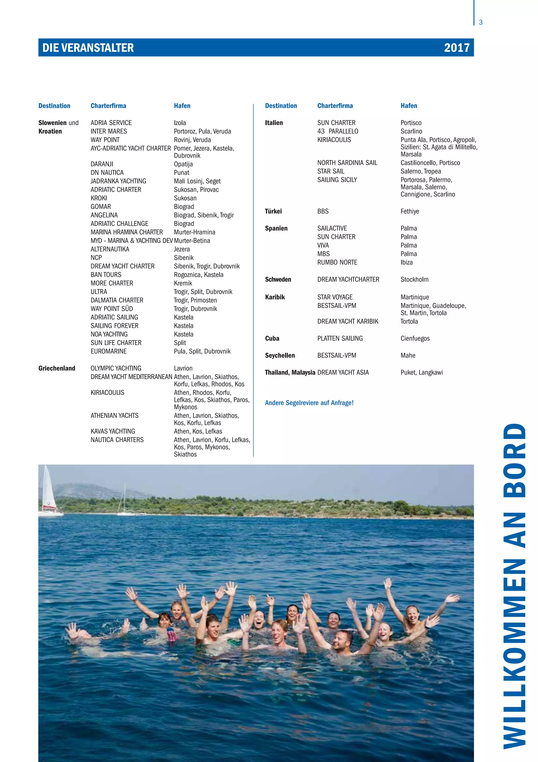 3
Destination Charterfirma Hafen
Slowenien und ADRIA SERVICE Izola
Kroatien INTER MARES Portoroz, Pula, Veruda
WAY POINT Rovinj, Veruda
AYC-ADRIATIC YACHT CHARTER Pomer, Jezera, Kastela,
Dubrovnik
DARANJI Opatija
DN NAUTICA Punat
JADRANKA YACHTING Mali Losinj, Seget
ADRIATIC CHARTER Sukosan, Pirovac
KROKI Sukosan
GOMAR Biograd
ANGELINA Biograd, Sibenik, Trogir
ADRIATIC CHALLENGE Biograd
MARINA HRAMINA CHARTER Murter-Hramina
MYD - MARINA & YACHTING DEVMurter-Betina
ALTERNAUTIKA Jezera
NCP Sibenik
DREAM YACHT CHARTER Sibenik, Trogir, Dubrovnik
BAN TOURS Rogoznica, Kastela
MORE CHARTER Kremik
ULTRA Trogir, Split, Dubrovnik
DALMATIA CHARTER Trogir, Primosten
WAY POINT SÜD Trogir, Dubrovnik
ADRIATIC SAILING Kastela
SAILING FOREVER Kastela
NOA YACHTING Kastela
SUN LIFE CHARTER Split
EUROMARINE Pula, Split, Dubrovnik
Griechenland OLYMPIC YACHTING Lavrion
DREAM YACHT MEDITERRANEAN Athen, Lavrion, Skiathos,
Korfu, Lefkas, Rhodos, Kos
KIRIACOULIS Athen, Rhodos, Korfu,
Lefkas, Kos, Skiathos, Paros,
Mykonos
ATHENIAN YACHTS Athen, Lavrion, Skiathos,
Kos, Korfu, Lefkas
KAVAS YACHTING Athen, Kos, Lefkas
NAUTICA CHARTERS Athen, Lavrion, Korfu, Lefkas,
Kos, Paros, Mykonos,
Skiathos
Destination Charterfirma Hafen
Italien SUN CHARTER Portisco
43 PARALLELO Scarlino
KIRIACOULIS Punta Ala, Portisco, Agropoli,
Sizilien: St. Agata di Militello,
Marsala
NORTH SARDINIA SAIL Castilioncello, Portisco
STAR SAIL Salerno, Tropea
SAILING SICILY Portorosa, Palermo,
Marsala, Salerno,
Cannigione, Scarlino
Türkei BBS Fethiye
Spanien SAILACTIVE Palma
SUN CHARTER Palma
VIVA Palma
MBS Palma
RUMBO NORTE Ibiza
Schweden DREAM Yachtcharter Stockholm
Karibik STAR VOYAGE Martinique
BESTSAIL-VPM Martinique, Guadeloupe,
St. Martin, Tortola
DREAM YACHT KARIBIK Tortola
Cuba PLATTEN SAILING Cienfuegos
Seychellen BESTSAIL-VPM Mahe
Thailand, Malaysia DREAM YACHT ASIA Puket, Langkawi
Andere Segelreviere auf Anfrage!
WILLKOMMENANBORD
DIE VERANSTALTER	 2017
 