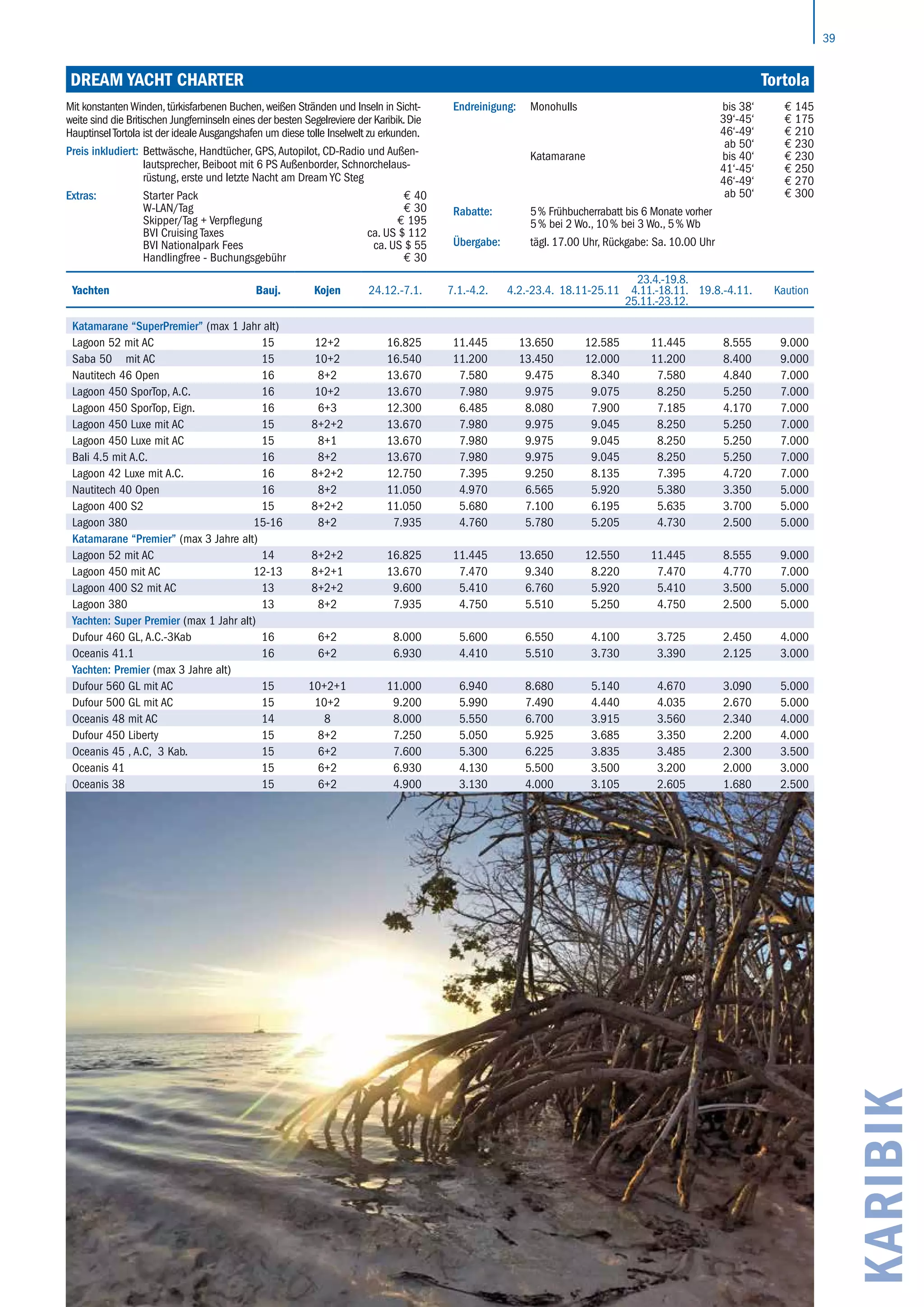 39
KARIBIK
DREAM YACHT CHARTER	 Tortola
Yachten Bauj. Kojen 24.12.-7.1. 7.1.-4.2. 4.2.-23.4. 18.11-25.11
23.4.-19.8.
4.11.-18.11.
25.11.-23.12.
19.8.-4.11. Kaution
Katamarane “SuperPremier” (max 1 Jahr alt)
Lagoon 52 mit AC 15 12+2 16.825 11.445 13.650 12.585 11.445 8.555 9.000
Saba 50 mit AC 15 10+2 16.540 11.200 13.450 12.000 11.200 8.400 9.000
Nautitech 46 Open 16 8+2 13.670 7.580 9.475 8.340 7.580 4.840 7.000
Lagoon 450 SporTop, A.C. 16 10+2 13.670 7.980 9.975 9.075 8.250 5.250 7.000
Lagoon 450 SporTop, Eign. 16 6+3 12.300 6.485 8.080 7.900 7.185 4.170 7.000
Lagoon 450 Luxe mit AC 15 8+2+2 13.670 7.980 9.975 9.045 8.250 5.250 7.000
Lagoon 450 Luxe mit AC 15 8+1 13.670 7.980 9.975 9.045 8.250 5.250 7.000
Bali 4.5 mit A.C. 16 8+2 13.670 7.980 9.975 9.045 8.250 5.250 7.000
Lagoon 42 Luxe mit A.C. 16 8+2+2 12.750 7.395 9.250 8.135 7.395 4.720 7.000
Nautitech 40 Open 16 8+2 11.050 4.970 6.565 5.920 5.380 3.350 5.000
Lagoon 400 S2 15 8+2+2 11.050 5.680 7.100 6.195 5.635 3.700 5.000
Lagoon 380 15-16 8+2 7.935 4.760 5.780 5.205 4.730 2.500 5.000
Katamarane “Premier” (max 3 Jahre alt)
Lagoon 52 mit AC 14 8+2+2 16.825 11.445 13.650 12.550 11.445 8.555 9.000
Lagoon 450 mit AC 12-13 8+2+1 13.670 7.470 9.340 8.220 7.470 4.770 7.000
Lagoon 400 S2 mit AC 13 8+2+2 9.600 5.410 6.760 5.920 5.410 3.500 5.000
Lagoon 380 13 8+2 7.935 4.750 5.510 5.250 4.750 2.500 5.000
Yachten: Super Premier (max 1 Jahr alt)
Dufour 460 GL, A.C.-3Kab 16 6+2 8.000 5.600 6.550 4.100 3.725 2.450 4.000
Oceanis 41.1 16 6+2 6.930 4.410 5.510 3.730 3.390 2.125 3.000
Yachten: Premier (max 3 Jahre alt)
Dufour 560 GL mit AC 15 10+2+1 11.000 6.940 8.680 5.140 4.670 3.090 5.000
Dufour 500 GL mit AC 15 10+2 9.200 5.990 7.490 4.440 4.035 2.670 5.000
Oceanis 48 mit AC 14 8 8.000 5.550 6.700 3.915 3.560 2.340 4.000
Dufour 450 Liberty 15 8+2 7.250 5.050 5.925 3.685 3.350 2.200 4.000
Oceanis 45 , A.C, 3 Kab. 15 6+2 7.600 5.300 6.225 3.835 3.485 2.300 3.500
Oceanis 41 15 6+2 6.930 4.130 5.500 3.500 3.200 2.000 3.000
Oceanis 38 15 6+2 4.900 3.130 4.000 3.105 2.605 1.680 2.500
Mit konstantenWinden,türkisfarbenen Buchen,weißen Stränden und Inseln in Sicht-
weite sind die Britischen Jungferninseln eines der besten Segelreviere der Karibik.Die
HauptinselTortola ist der idealeAusgangshafen um diese tolle Inselwelt zu erkunden.
Preis inkludiert: Bettwäsche, Handtücher, GPS,Autopilot, CD-Radio und Außen-
lautsprecher, Beiboot mit 6 PS Außenborder, Schnorchelaus­
rüstung, erste und letzte Nacht am Dream YC Steg
Extras: Starter Pack € 40
W-LAN/Tag € 30
Skipper/Tag + Verpflegung € 195
BVI Cruising Taxes ca. US $ 112
BVI Nationalpark Fees ca. US $ 55
Handlingfree - Buchungsgebühr € 30
Endreinigung: Monohulls bis 38‘ € 145
39‘-45‘ € 175
46‘-49‘ € 210
ab 50‘ € 230
Katamarane bis 40‘ € 230
41‘-45‘ € 250
46‘-49‘ € 270
ab 50‘ € 300
Rabatte: 5 % Frühbucherrabatt bis 6 Monate vorher
5 % bei 2 Wo., 10 % bei 3 Wo., 5 % Wb
Übergabe: tägl. 17.00 Uhr, Rückgabe: Sa. 10.00 Uhr
 