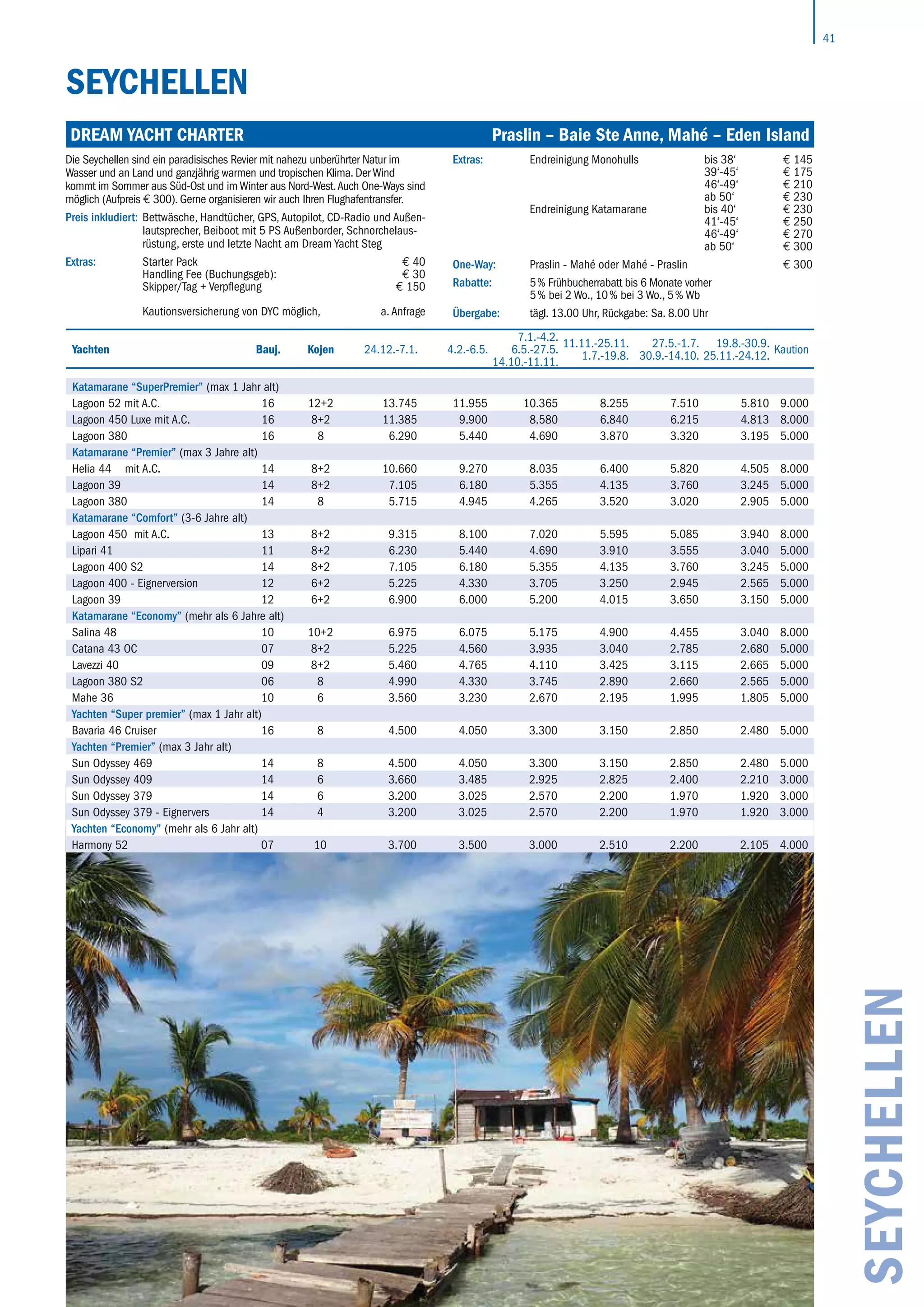 41
SEYCHELLEN
SEYCHELLEN
Dream Yacht Charter	 Praslin – Baie Ste Anne, Mahé – Eden Island
Yachten Bauj. Kojen 24.12.-7.1. 4.2.-6.5.
7.1.-4.2.
6.5.-27.5.
14.10.-11.11.
11.11.-25.11.
1.7.-19.8.
27.5.-1.7.
30.9.-14.10.
19.8.-30.9.
25.11.-24.12.
Kaution
Katamarane “SuperPremier” (max 1 Jahr alt)
Lagoon 52 mit A.C. 16 12+2 13.745 11.955 10.365 8.255 7.510 5.810 9.000
Lagoon 450 Luxe mit A.C. 16 8+2 11.385 9.900 8.580 6.840 6.215 4.813 8.000
Lagoon 380 16 8 6.290 5.440 4.690 3.870 3.320 3.195 5.000
Katamarane “Premier” (max 3 Jahre alt)
Helia 44 mit A.C. 14 8+2 10.660 9.270 8.035 6.400 5.820 4.505 8.000
Lagoon 39 14 8+2 7.105 6.180 5.355 4.135 3.760 3.245 5.000
Lagoon 380 14 8 5.715 4.945 4.265 3.520 3.020 2.905 5.000
Katamarane “Comfort” (3-6 Jahre alt)
Lagoon 450 mit A.C. 13 8+2 9.315 8.100 7.020 5.595 5.085 3.940 8.000
Lipari 41 11 8+2 6.230 5.440 4.690 3.910 3.555 3.040 5.000
Lagoon 400 S2 14 8+2 7.105 6.180 5.355 4.135 3.760 3.245 5.000
Lagoon 400 - Eignerversion 12 6+2 5.225 4.330 3.705 3.250 2.945 2.565 5.000
Lagoon 39 12 6+2 6.900 6.000 5.200 4.015 3.650 3.150 5.000
Katamarane “Economy” (mehr als 6 Jahre alt)
Salina 48 10 10+2 6.975 6.075 5.175 4.900 4.455 3.040 8.000
Catana 43 OC 07 8+2 5.225 4.560 3.935 3.040 2.785 2.680 5.000
Lavezzi 40 09 8+2 5.460 4.765 4.110 3.425 3.115 2.665 5.000
Lagoon 380 S2 06 8 4.990 4.330 3.745 2.890 2.660 2.565 5.000
Mahe 36 10 6 3.560 3.230 2.670 2.195 1.995 1.805 5.000
Yachten “Super premier” (max 1 Jahr alt)
Bavaria 46 Cruiser 16 8 4.500 4.050 3.300 3.150 2.850 2.480 5.000
Yachten “Premier” (max 3 Jahr alt)
Sun Odyssey 469 14 8 4.500 4.050 3.300 3.150 2.850 2.480 5.000
Sun Odyssey 409 14 6 3.660 3.485 2.925 2.825 2.400 2.210 3.000
Sun Odyssey 379 14 6 3.200 3.025 2.570 2.200 1.970 1.920 3.000
Sun Odyssey 379 - Eignervers 14 4 3.200 3.025 2.570 2.200 1.970 1.920 3.000
Yachten “Economy” (mehr als 6 Jahr alt)
Harmony 52 07 10 3.700 3.500 3.000 2.510 2.200 2.105 4.000
Die Seychellen sind ein paradisisches Revier mit nahezu unberührter Natur im
­Wasser und an Land und ganzjährig warmen und tropischen Klima. Der Wind
kommt im Sommer aus Süd-Ost und im Winter aus Nord-West.Auch One-Ways sind
möglich (Aufpreis € 300). Gerne organisieren wir auch Ihren Flughafentransfer.
Preis inkludiert: Bettwäsche, Handtücher, GPS, Autopilot, CD-Radio und Außen-
lautsprecher, Beiboot mit 5 PS Außenborder, Schnorchelaus-
rüstung, erste und letzte Nacht am Dream Yacht Steg
Extras: Starter Pack € 40
Handling Fee (Buchungsgeb): € 30
Skipper/Tag + Verpflegung € 150
Kautionsversicherung von DYC möglich, a. Anfrage
Extras: Endreinigung Monohulls bis 38‘ € 145
39‘-45‘ € 175
46‘-49‘ € 210
ab 50‘ € 230
Endreinigung Katamarane bis 40‘ € 230
41‘-45‘ € 250
46‘-49‘ € 270
ab 50‘ € 300
One-Way: Praslin - Mahé oder Mahé - Praslin € 300
Rabatte: 5 % Frühbucherrabatt bis 6 Monate vorher
5 % bei 2 Wo., 10 % bei 3 Wo., 5 % Wb
Übergabe: tägl. 13.00 Uhr, Rückgabe: Sa. 8.00 Uhr
 