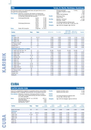 40
CubaKARIBIK VPM			 Tortola, St. Martin, Martinique, Guadeloupe
Yachten Bauj. Kojen 23.12.-5.1. 7.1.-14.4.
15.4.-19.5.
22.7.-11.8.
28.10.-22.12.
20.5.-21.7.
12.8.-27.10.
Kaution
TORTOLA
Kat. Lagoon 440 10 8+2+2 7.000 5.500 4.700 3.750 4.570
Kat. Lagoon 421 15 8+1 6.500 4.850 4.250 3.350 4.570
Kat. Lagoon 400 10 8+2 6.350 4.500 3.750 3.100 4.570
Oceanis 54 A/C, Gen. 09 9 6.250 5.300 4.400 3.500 4.570
Sun Odyssey 54 DS 08 10 5.890 5.100 3.950 3.400 4.570
Cyclades 50.5 07 10+1 5.000 4.000 3.450 2.850 4.400
Bavaria Cruiser 41 13 6 3.600 3.300 2.350 1.950 3.000
MARTINIQUE, GUADELOUPE, ST. MARTIN
Kat. Lagoon 620 inkl. Crew + VP 15 12 20.280 20.280 20.280 20.280 0
Kat. Lagoon 500 A/C, Gen. 09 10+2 9.600 6.300 4.800 4.200 4.570
Kat. Lagoon 450 S 16 8+2 7.500 5.900 4.500 4.150 4.570
Kat. Lagoon 450 12-13 8+2 7.000 5.400 4.280 3.900 4.570
Kat. Nautitech 441 10 10+2 6.700 4.900 3.650 3.050 4.570
Kat. Lagoon 440 09-10 8+2 6.800 5.000 3.800 3.100 4.570
Kat. Lagoon 42 16 8+2 6.700 4.880 3.950 3.500 4.570
Kat. Lagoon 421 15 8+1 6.250 4.650 3.650 3.200 4.570
Kat. Lagoon 400 S2 13-16 8+2 6.000 4.450 3.650 3.100 4.570
Kat. Lagoon 400 10-12 8+2 5.850 4.300 3.500 2.950 4.570
Kat. Lagoon 380 S2 13-15 8 5.700 4.100 3.150 2.540 4.000
Oceanis 54 A/C, Gen. 09 9 5.580 4.000 3.500 2.950 4.570
Sun Odyssey 54 DS 08 10 5.390 3.700 3.200 2.700 4.570
Cyclades 50.5 07 10+1 4.470 3.500 2.800 2.400 4.400
Cyclades 43.4 06 8+1 3.400 2.900 2.300 1.900 4.400
Feeling 36 08 6+2 3.100 2.400 1.810 1.500 3.000
Die Stützpunkte arbeiten sehr professionell, bieten sehr gutes Service und ein
sehr gutes Preis-Leistungs-Verhältnis.
Preis inkludiert: Bettwäsche, Handtücher, GPS, Beiboot mit Außenborder,
Bimini, Schnorchelausrüstung (2/Y.), erste und letzte Nacht
am VPM-Steg, Solarpanele oder Generator
Extras: Endreinigung Monohulls bis 38
39-45
46-49
ab 50
€ 135
€ 165
€ 190
€ 210
Endreinigung Katamarane bis 38
39-45
46-49
ab 50
€ 210
€ 230
€ 250
€ 275
Extras: Tortola: BVI Crusing Tax p.Tag/Pers. € 1,50-3
BVI-Nationalparkgeb f. 8 Pers. € 34
Spi/Blister (+Kaution € 1000) € 90
Kajak € 80
Skipper/Tag+Verpflegung € 180
Transfer: Martinique, 8 Pers.
Tortola, 8 Pers.
€ 100
US$ 160
One-Way: Martiniqe - St. Vincent € 750
Martinique - Tortola € 1.560
Rabatte: 5 % Frühbucherrabatt bis 6 Monate vorher
5 % bei 2 Wo., 10 % bei 3 Wo., 5 % Wb, max. 15%
Übergabe: tägl. 18.00 Uhr, Rückgabe: tägl. 10.00 Uhr
CUBA
PLATTEN SAILING CUBA	 Cienfuegos
Yachten Bauj. Kojen
1.10.-
2.12.2016
3.12.-
5.5.2017
6.5.-
2.6.2017
3.6.-
28.7.2017
29.7.-
1.12.2017
2.12.-
4.5.2018
Bavaria 46 cruiser 05 8+1 3.300 4.400 3.300 2.300 3.300 4.400
Katamarane
Bahia 46 04 8+2+2 3.900 4.900 3.900 2.700 3.900 4.900
Lagoon 440 07-08 8+2 3.900 5.000 3.900 2.700 3.900 5.000
Lagoon 421 10 8+1 4.000 5.000 4.000 2.700 4.000 5.000
Lagoon 420 09 8+1 3.800 4.900 3.800 2.700 3.800 4.900
Belize 43 02 8+2 3.400 4.400 3.400 2.400 3.400 4.400
Lavezzi 40 08 8 3.200 4.200 3.200 2.300 3.200 4.200
Athena 38 03 8 2.600 3.600 2.600 1.900 2.600 3.600
Cuba ist ein unvergleichliches Segelrevier mit ganzjährig schönem, warmen Wetter,
beständigen Winden, einzigartigen Narurschönheiten und freundlichen Menschen.
Preis inkludiert: Bettwäsche, Handtücher, Endreinigung, Beiboot mit Außen­
border, Bimini, Schnorchelausrüstung, Spinnaker (Zusatzkauti-
on € 300), Solarzellen
Extras: örtl. Steuer/Pers./Tag (1€ = ca. 1,05 CUC) CUC 12
Windsurfer/Woche € 50
Skipper/Tag+Verpflegung € 80
Koch-Marinero / Tg+V.: € 50
Transfer: Varadero bis 8 Pers. (einf.) € 190
Havanna bis 8 Pers. (einf.) € 230
Kaution: € 3.000
Rabatte: 5 % Frühbucherrabatt bis 6 Monate vorher
5 % bei 2 Wo., 10 % bei 3 Wo.
Übergabe: tägl. 18.00 Uhr, Rückgabe: tägl. bis 10.00 Uhr
 