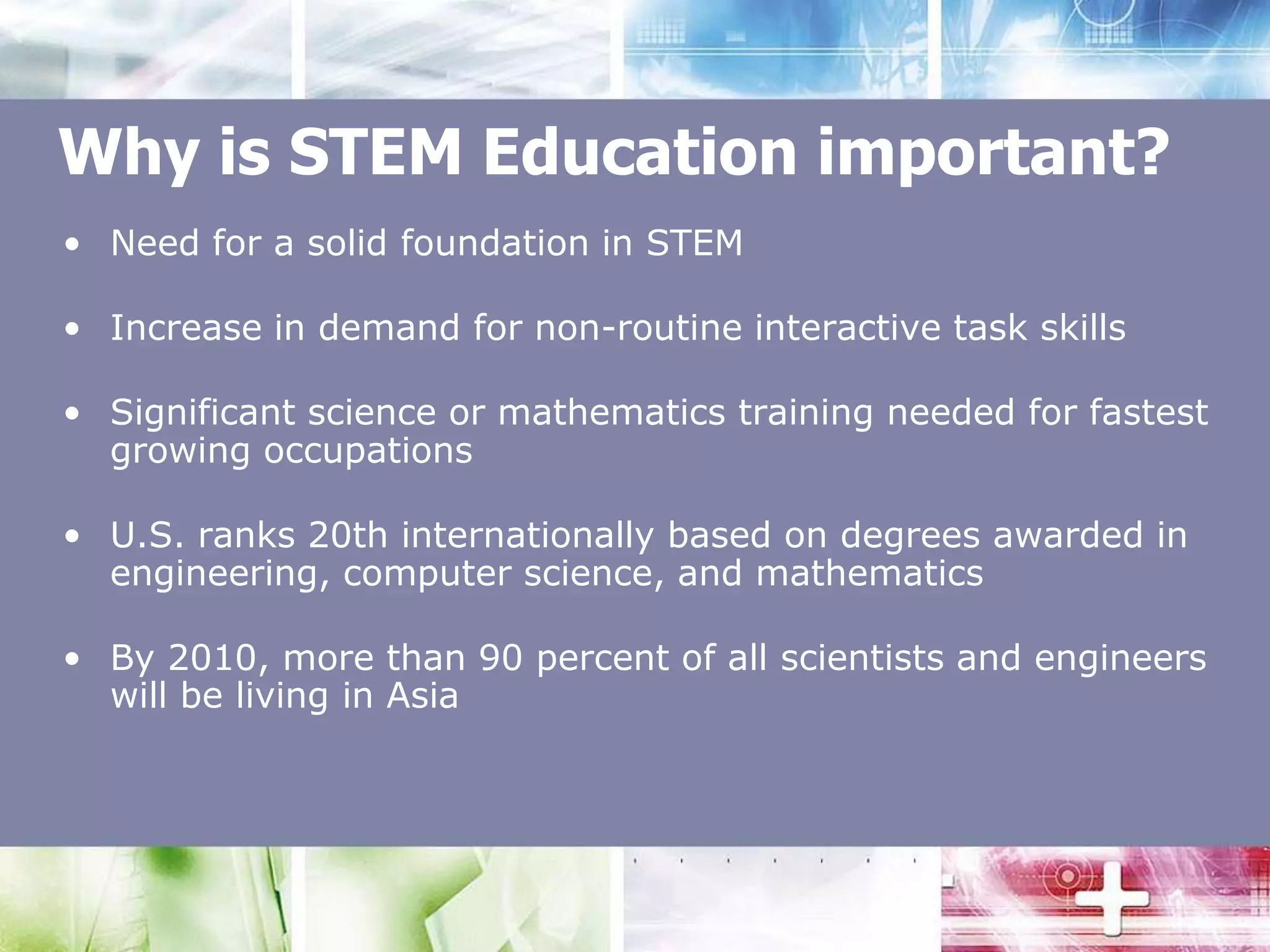 Why is STEM Education important?Need for a solid foundation in STEM Increase in demand for non-routine interactive task skillsSignificant science or mathematics training needed for fastest growing occupationsU.S. ranks 20th internationally based on degrees awarded in engineering, computer science, and mathematicsBy 2010, more than 90 percent of all scientists and engineers will be living in Asia