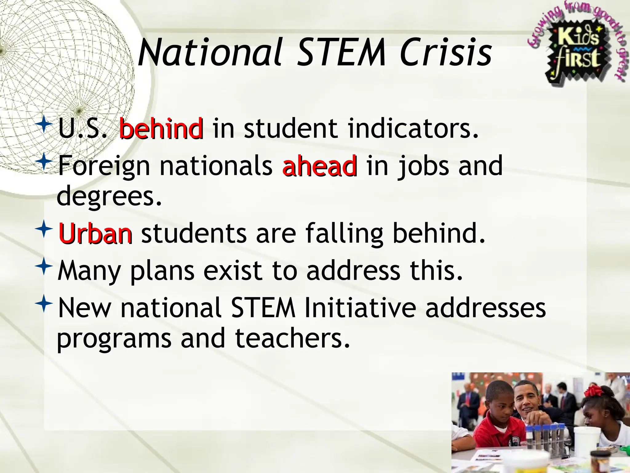 3
National STEM Crisis
U.S. behind
behind in student indicators.
Foreign nationals ahead
ahead in jobs and
degrees.
Urban
Urban students are falling behind.
Many plans exist to address this.
New national STEM Initiative addresses
programs and teachers.
 