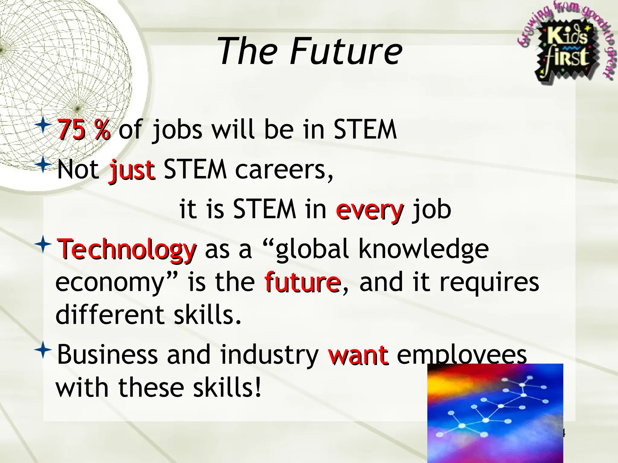 4
The Future
75 %
75 % of jobs will be in STEM
Not just
just STEM careers,
it is STEM in every
every job
Technology
Technology as a “global knowledge
economy” is the future
future, and it requires
different skills.
Business and industry want
want employees
with these skills!
 