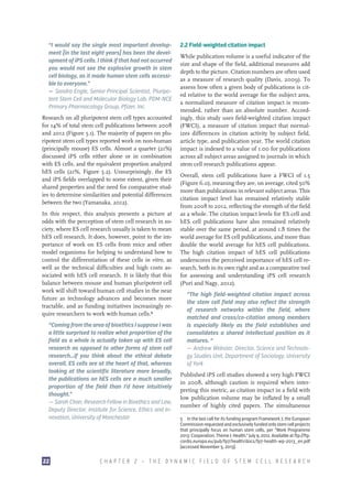 “I would say the single most important development [in the last eight years] has been the development of iPS cells. I think if that had not occurred
you would not see the explosive growth in stem
cell biology, as it made human stem cells accessible to everyone.”
—– Sandra Engle, Senior Principal Scientist, Pluripotent Stem Cell and Molecular Biology Lab, PDM-NCE
Primary Pharmacology Group, Pfizer, Inc.
Research on all pluripotent stem cell types accounted
for 14% of total stem cell publications between 2008
and 2012 (Figure 5.1). The majority of papers on pluripotent stem cell types reported work on non-human
(principally mouse) ES cells. Almost a quarter (21%)
discussed iPS cells either alone or in combination
with ES cells, and the equivalent proportion analyzed
hES cells (21%, Figure 5.2). Unsurprisingly, the ES
and iPS fields overlapped to some extent, given their
shared properties and the need for comparative studies to determine similarities and potential differences
between the two (Yamanaka, 2012).
In this respect, this analysis presents a picture at
odds with the perception of stem cell research in society, where ES cell research usually is taken to mean
hES cell research. It does, however, point to the importance of work on ES cells from mice and other
model organisms for helping to understand how to
control the differentiation of these cells in vitro, as
well as the technical difficulties and high costs associated with hES cell research. It is likely that this
balance between mouse and human pluripotent cell
work will shift toward human cell studies in the near
future as technology advances and becomes more
tractable, and as funding initiatives increasingly require researchers to work with human cells.5
“Coming from the area of bioethics I suppose I was
a little surprised to realize what proportion of the
field as a whole is actually taken up with ES cell
research as opposed to other forms of stem cell
research…if you think about the ethical debate
overall, ES cells are at the heart of that, whereas
looking at the scientific literature more broadly,
the publications on hES cells are a much smaller
proportion of the field than I’d have intuitively
thought.”
– Sarah Chan, Research Fellow in Bioethics and Law,
—
Deputy Director, Institute for Science, Ethics and Innovation, University of Manchester

22

2.2 Field-weighted citation impact
While publication volume is a useful indicator of the
size and shape of the field, additional measures add
depth to the picture. Citation numbers are often used
as a measure of research quality (Davis, 2009). To
assess how often a given body of publications is cited relative to the world average for the subject area,
a normalized measure of citation impact is recommended, rather than an absolute number. Accordingly, this study uses field-weighted citation impact
(FWCI), a measure of citation impact that normalizes differences in citation activity by subject field,
article type, and publication year. The world citation
impact is indexed to a value of 1.00 for publications
across all subject areas assigned to journals in which
stem cell research publications appear.
Overall, stem cell publications have a FWCI of 1.5
(Figure 6.0), meaning they are, on average, cited 50%
more than publications in relevant subject areas. This
citation impact level has remained relatively stable
from 2008 to 2012, reflecting the strength of the field
as a whole. The citation impact levels for ES cell and
hES cell publications have also remained relatively
stable over the same period, at around 1.8 times the
world average for ES cell publications, and more than
double the world average for hES cell publications.
The high citation impact of hES cell publications
underscores the perceived importance of hES cell research, both in its own right and as a comparative tool
for assessing and understanding iPS cell research
(Puri and Nagy, 2012).
“The high field-weighted citation impact across
the stem cell field may also reflect the strength
of research networks within the field, where
matched and cross/co-citation among members
is especially likely as the field establishes and
consolidates a shared intellectual position as it
matures. “
—– Andrew Webster, Director, Science and Technology Studies Unit, Department of Sociology, University
of York
Published iPS cell studies showed a very high FWCI
in 2008, although caution is required when interpreting this metric, as citation impact in a field with
low publication volume may be inflated by a small
number of highly cited papers. The simultaneous
5  In the last call for its funding program Framework 7, the European
Commission requested and exclusively funded only stem cell projects
that principally focus on human stem cells, per “Work Programme
2013: Cooperation. Theme I: Health.” July 9, 2012. Available at ftp://ftp.
cordis.europa.eu/pub/fp7/health/docs/fp7-health-wp-2013_en.pdf
(accessed November 5, 2013).

CHAPTER 2 — THE DYNAMIC FIELD OF STEM CELL RESEARCH

 