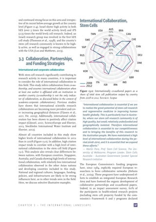 and continued strong focus on this area and irrespective of its recent below-average growth at the country
level (Figure 11.4). Israel shows high activity in both
hES (over 5 times the world activity level) and iPS
(2.55 times the world level) cell research. Indeed, an
Israeli research group was involved in the first hES
cell study (Thomson et al., 1998), and the country’s
stem cell research community is known to be highly active, as well as engaged in strong collaborations
with the USA (Luo and Matthews, 2013).

3.3 Collaboration, Partnerships,
and Funding Strategies
International and corporate collaboration
With stem cell research significantly contributing to
research activity in many countries, it is important
to consider the role of international collaboration in
this field. This study infers collaboration from co-authorship, and assumes international collaboration when
at least one author is affiliated with an institution in
another country (co-authorship is not the only indicator of collaboration, as discussed below in the context of
academic-corporate collaborations). Previous studies
have shown that international scientific research
collaborations are becoming more prevalent and cover increasing geographical distances (Tijssen et al.,
2011, He, 2009). Additionally, international collaboration has been shown to positively affect citation
impact (Glänzel, 2001, ScienceEurope and Elsevier,
2013, Stockholm International Water Institute and
Elsevier, 2012).
Almost all countries included in this study show
higher levels of international collaboration in 2012
than in 2008 (Figure 13.0). In addition, high citation
impact tends to correlate with a high level of international collaboration in the stem cell field (Figure
13.1). This analysis also reveals clear differences between nations, with European countries, Singapore,
Australia, and Canada showing high levels of international collaboration, with relatively less international
collaboration observed in the other Asian nations
and developing countries included in this study.
National and regional cultures, languages, funding,
policies, and infrastructures are likely to be strong
influences here, as in other trends seen in the field.
Here, we discuss selective illustrative examples.

International Collaboration,
Stem Cells
AUS
70%
60%

USA
TWN

BRA
CAN

50%
40%

SWE

CHE
30%
20%
10%

SGP
RUS

CHN
DEU
DNK

NLD

FRA

KOR
JPN
2008
2012

GBR
ITA

ISR

IRN

IND

Figure 13.0: Internationally co-authored papers as a
share of total stem cell publication output by country
from 2008 to 2012. Source: Scopus
“International collaboration is essential if we are
to realize the great potential of stem cell research
and regenerative medicine in improving human
health globally. This is particularly true in Australia, where our stem cell research community is of
high quality, but small, relatively underfunded and
geographically isolated. Therefore international
collaboration is essential to our competitiveness
and to bringing the benefits of this research to
the Australian people. We have maintained a high
level of international collaboration during the period 2008-2012, and it is essential that we expand
these efforts.”
—— Martin Pera, Prof. Stem Cell Science, The University of Melbourne; Program Leader, Stem Cells
Australia - Australian Government funded Special
Research Initiative
The European Commission’s funding programs
have, since 1984, explicitly required European researchers to form collaborative networks (Defazio
et al., 2009). These programs have underpinned efforts to establish an integrated European Research
Area and have fostered the organic development of
collaborative partnerships and co-authored papers.
Indeed, in an impact assessment survey, 60% of
the participants in health-related research projects
(including stem cell projects) funded by the commission’s Framework 6 and 7 programs declared

CHAPTER 3 — THE INTERNATIONAL LANDSCAPE

37

 