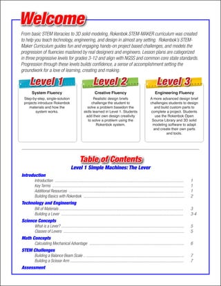 Table of Contents
Introduction
	 Introduction ............................................................................................................................	 1
	 Key Terms ..............................................................................................................................	 1
	 Additional Resources ..............................................................................................................	 1
	 Building Basics with Rokenbok .................................................................................................	 2
Technology and Engineering
	 Bill of Materials .......................................................................................................................	 3
	 Building a Lever .....................................................................................................................	 3-4
Science Concepts
	 What is a Lever? ......................................................................................................................	 5
	 Classes of Levers ....................................................................................................................	 5
Math Concepts
	 Calculating Mechanical Advantage ...........................................................................................	 6
STEM Challenges
	 Building a Balance Beam Scale .. ..............................................................................................	 7
	 Building a Scissor Arm .............................................................................................................	 7
Assessment
Level 1 Simple Machines: The Lever
Welcome
From basic STEM literacies to 3D solid modeling, Rokenbok STEM-MAKER curriculum was created
to help you teach technology, engineering, and design in almost any setting. Rokenbok’s STEM-
Maker Curriculum guides fun and engaging hands-on project based challenges, and models the
progression of fluencies mastered by real designers and engineers. Lesson plans are categorized
in three progressive levels for grades 3-12 and align with NGSS and common core state standards.
Progression through these levels builds confidence, a sense of accomplishment setting the
groundwork for a love of learning, creating and making.
Step-by-step, single-solution
projects introduce Rokenbok
materials and how the
system works.
System Fluency Creative Fluency Engineering Fluency
Realistic design briefs
challenge the student to
solve a problem basedon the
skills learned in Level 1. Students
add their own design creativity
to solve a problem using the
Rokenbok system.
A more advanced design brief
challenges students to design
and build custom parts to
complete a project. Students
use the Rokenbok Open
Source Library and 3D solid
modeling software to adapt
and create their own parts
and tools.
 