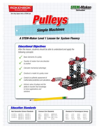 Pulleys
Simple Machines
A STEM-Maker Level 1 Lesson for System Fluency
Education Standards
Curriculum
Turn Any Space Into a STEM Lab
Standards for Technological Literacy
2.K-2	2.3-5	2.6-8	2.9-12	
8.K-2	 8.3-5 	 8.6-8	 8.9-12		
9.K-2	9.3-5	9.6-8	9.9-12
10.K-2	10.3-5	10.6-8	10.9-12
Next Generation Science Standards
3-5-ETS1-1	 MS-ETS1-1 HS-ETS1-1
3-5-ETS1-2	 MS-ETS1-2 HS-ETS1-2
3-5-ETS1-3	 MS-ETS1-3 HS-ETS1-3
	 MS-ETS1-4 HS-ETS1-4
Common Core Standards
W.5.7 	 RST.6-8.1	 WHST.6-8.9
W.5.9	 RST.6-8.7	 RST.11-12.7
MP.2	 RST.11-12.8 RST.11-12.9
MP.4	 MP.5	 SL.8.5
STEM-Maker
Educational Objectives
After this lesson, students should be able to understand and apply the
following concepts:
Basic elements of a pulley
Transfer of motion from one direction
to another
Calculate mechanical advantage
Construct a model of a pulley crane
Conduct an authentic assessment of
mathematical predictions and calculations
Intrinsic value of pulleys and the
ability to transfer that knowledge
to future applications and
solutions
 