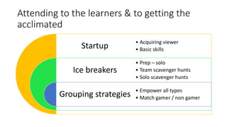 Attending to the learners & to getting the
acclimated
Startup
Ice breakers
Grouping strategies
• Acquiring viewer
• Basic skills
• Prep – solo
• Team scavenger hunts
• Solo scavenger hunts
• Empower all types
• Match gamer / non gamer
 