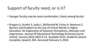 Support of faculty need, or is it?
• Younger faculty may be more comfortable / share among faculty
• Gregory S, Scutter S, Jacka L, McDonald M, Farley H, Newman C.
Barriers and Enablers to the Use of Virtual Worlds in Higher
Education: An Exploration of Educator Perceptions, Attitudes and
Experiences. Journal Of Educational Technology & Society [serial
online]. January 2015;18(1):3-12. Available from: Academic Search
Complete, Ipswich, MA. Accessed February 5, 2016
 