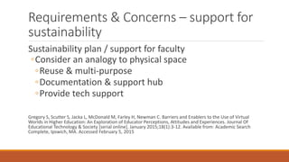 Requirements & Concerns – support for
sustainability
Sustainability plan / support for faculty
◦Consider an analogy to physical space
◦Reuse & multi-purpose
◦Documentation & support hub
◦Provide tech support
Gregory S, Scutter S, Jacka L, McDonald M, Farley H, Newman C. Barriers and Enablers to the Use of Virtual
Worlds in Higher Education: An Exploration of Educator Perceptions, Attitudes and Experiences. Journal Of
Educational Technology & Society [serial online]. January 2015;18(1):3-12. Available from: Academic Search
Complete, Ipswich, MA. Accessed February 5, 2015
 