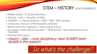 STEM – HISTORY & MY EXPERIENCE
• Middle school – St. Ignatius Montana
• Chemist > tech > education w/ both
• STEMTEC – U. Mass & Amherst – 1999 – 2001 – NSF evaluator
• Science ed / tech ed / STEM Education certificate
• Before recent tech explosion – inquiry-based science
• Foundation of K12 Science Education > NSTA & NCR > Next Generation Science
Standards
• Practices with inquiry
• Inquiry – labs – cross disciplinary: have ALWAYS been
lauded in the research . . . .
 