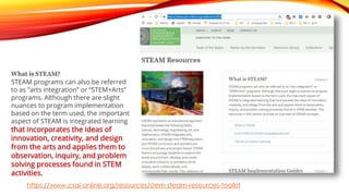 NATIONAL K12
EFFORTS
What is STEAM?
STEAM programs can also be referred
to as “arts integration” or “STEM+Arts”
programs. ...