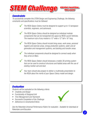 STEM Challenge
2
The RESA Space Colony must be designed to support up to 12 aerospace
scientists, engineers, and astronauts.
The RESA Space Colony should be designed as individual modular
components that can be transported into space by RESA Launch Vehicles.
The maximum size of any module is 12” wide x 12” tall x 16” long.
The RESA Space Colony should include living areas, work areas, personal
hygiene and exercise areas, energy production systems, water and air
generation and management systems, and docking and transfer areas.
The individual components should be designed to connect easily when
they arrive on Mars.
The RESA Space Station should showcase a mobile 3D printing system
that can be used to construct structures and habitat areas with the use of
existing martian soil and dust.
Your team should also prepare to deliver a multimedia presentation to
the RESA about the merits of your Space Colony model and design.
Evaluation
Students will be evaluated on the following criteria:
•	 Creativity and Design
•	 Functionality of Designed Unit
•	 Time Management and Teamwork
•	 Successful Completion of the Challenge
•	 Adherence to Constraints/Criteria
Use the Rokenbok Universal Performance Rubric for evaluation. Available for download at
Rokenbok.com/Education
Constraints
To successfully complete this STEM Design and Engineering Challenge, the following
constraints and specifications must be followed:
Aerospace Engineering:
Space colony
 