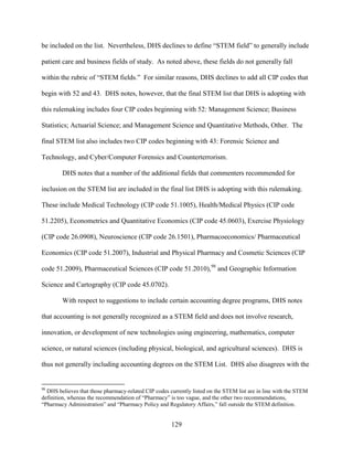 129
be included on the list. Nevertheless, DHS declines to define “STEM field” to generally include
patient care and business fields of study. As noted above, these fields do not generally fall
within the rubric of “STEM fields.” For similar reasons, DHS declines to add all CIP codes that
begin with 52 and 43. DHS notes, however, that the final STEM list that DHS is adopting with
this rulemaking includes four CIP codes beginning with 52: Management Science; Business
Statistics; Actuarial Science; and Management Science and Quantitative Methods, Other. The
final STEM list also includes two CIP codes beginning with 43: Forensic Science and
Technology, and Cyber/Computer Forensics and Counterterrorism.
DHS notes that a number of the additional fields that commenters recommended for
inclusion on the STEM list are included in the final list DHS is adopting with this rulemaking.
These include Medical Technology (CIP code 51.1005), Health/Medical Physics (CIP code
51.2205), Econometrics and Quantitative Economics (CIP code 45.0603), Exercise Physiology
(CIP code 26.0908), Neuroscience (CIP code 26.1501), Pharmacoeconomics/ Pharmaceutical
Economics (CIP code 51.2007), Industrial and Physical Pharmacy and Cosmetic Sciences (CIP
code 51.2009), Pharmaceutical Sciences (CIP code 51.2010),98
and Geographic Information
Science and Cartography (CIP code 45.0702).
With respect to suggestions to include certain accounting degree programs, DHS notes
that accounting is not generally recognized as a STEM field and does not involve research,
innovation, or development of new technologies using engineering, mathematics, computer
science, or natural sciences (including physical, biological, and agricultural sciences). DHS is
thus not generally including accounting degrees on the STEM List. DHS also disagrees with the
98
DHS believes that those pharmacy-related CIP codes currently listed on the STEM list are in line with the STEM
definition, whereas the recommendation of “Pharmacy” is too vague, and the other two recommendations,
“Pharmacy Administration” and “Pharmacy Policy and Regulatory Affairs,” fall outside the STEM definition.
 
