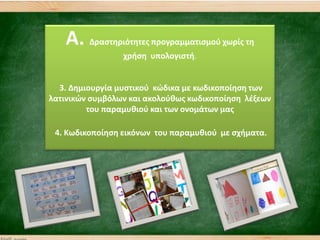 A. Δραςτθριότθτεσ προγραμματιςμοφ χωρίσ τθ
χριςθ υπολογιςτι.
3. Δθμιουργία μυςτικοφ κϊδικα με κωδικοποίθςθ των
λατινικϊν ςυμβόλων και ακολοφκωσ κωδικοποίθςθ λζξεων
του παραμυκιοφ και των ονομάτων μασ
4. Κωδικοποίθςθ εικόνων του παραμυκιοφ με ςχιματα.
 