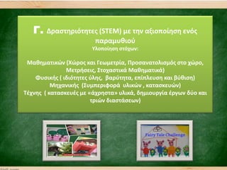 Γ. Δραςτθριότθτεσ (STEM) με τθν αξιοποίθςθ ενόσ
παραμυκιοφ
Τλοποίθςθ ςτόχων:
Μακθματικϊν (Χϊροσ και Γεωμετρία, Προςανατολιςμόσ ςτο χϊρο,
Μετριςεισ, ΢τοχαςτικά Μακθματικά)
Φυςικισ ( ιδιότθτεσ φλθσ, βαρφτθτα, επίπλευςθ και βφκιςθ)
Μθχανικισ (΢υμπεριφορά υλικϊν , καταςκευϊν)
Σζχνθσ ( καταςκευζσ με «άχρθςτα» υλικά, δθμιουργία ζργων δφο και
τριϊν διαςτάςεων)
 