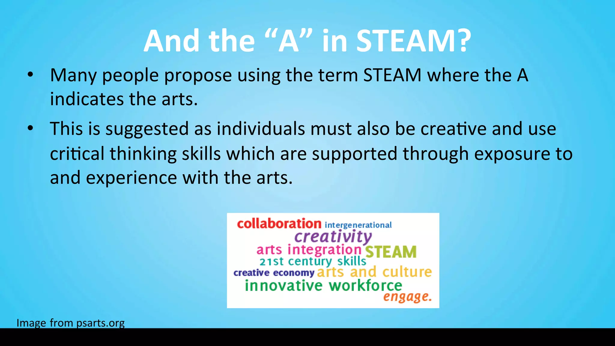And	
  the	
  “A”	
  in	
  STEAM?	
  
•  Many	
  people	
  propose	
  using	
  the	
  term	
  STEAM	
  where	
  the	
  A	
  
indicates	
  the	
  arts.	
  
•  This	
  is	
  suggested	
  as	
  individuals	
  must	
  also	
  be	
  crea9ve	
  and	
  use	
  
cri9cal	
  thinking	
  skills	
  which	
  are	
  supported	
  through	
  exposure	
  to	
  
and	
  experience	
  with	
  the	
  arts.	
  
Image	
  from	
  psarts.org	
  
 