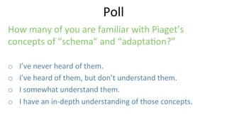 How	
  many	
  of	
  you	
  are	
  familiar	
  with	
  Piaget’s	
  
concepts	
  of	
  “schema”	
  and	
  “adapta9on?”	
  
o  I’ve	
  never	
  heard	
  of	
  them.	
  
o  I’ve	
  heard	
  of	
  them,	
  but	
  don’t	
  understand	
  them.	
  
o  I	
  somewhat	
  understand	
  them.	
  
o  I	
  have	
  an	
  in-­‐depth	
  understanding	
  of	
  those	
  concepts.	
  
Poll	
  
 