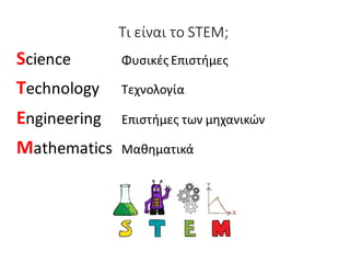 Τι είναι το STEM;
Science Φυσικές Επιστήμες
Technology Τεχνολογία
Engineering Επιστήμες των μηχανικών
Mathematics Μαθηματικά
 