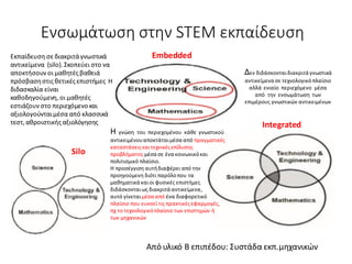 Ενσωμάτωση στην STEM εκπαίδευση
Embedded
Silo
Integrated
Εκπαίδευση σε διακριτά γνωστικά
αντικείμενα (silo). Σκοπεύει στο να
αποκτήσουν οι μαθητέςβαθειά
πρόσβασηστιςθετικέςεπιστήμες H
διδασκαλία είναι
καθοδηγούμενη,οι μαθητές
εστιάζουν στο περιεχόμενοκαι
αξιολογούνταιμέσα από κλασσικά
τεστ,αθροιστικήςαξιολόγησης
Η γνώση του περιεχομένου κάθε γνωστικού
αντικειμένουαποκτάταιμέσα από πραγματικές
καταστάσειςκαιτεχνικέςεπίλυσης
προβλήματος μέσα σε ένα κοινωνικόκαι
πολιτισμικό πλαίσιο.
Η προσέγγιση αυτήδιαφέρει από την
προηγούμενη διότι παρόλοπου τα
μαθηματικά καιοι φυσικές επιστήμες
διδάσκονταιως διακριτά αντικείμενα,
αυτό γίνεταιμέσα από ένα διαφορετικό
πλαίσιο που ευνοεί τις πρακτικέςεφαρμογές,
πχ το τεχνολογικόπλαίσιο των επιστημών ή
των μηχανικών
Δεν διδάσκονταιδιακριτά γνωστικά
αντικείμενα σε τεχνολογικόπλαίσιο
αλλά ενιαίο περιεχόμενο μέσα
από την ενσωμάτωση των
επιμέρους γνωστικών αντικειμένων
Από υλικό Β επιπέδου: Συστάδα εκπ.μηχανικών
 