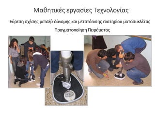 Πραγματοποίηση Πειράματος
Μαθητικές εργασίες Τεχνολογίας
Εύρεση σχέσης μεταξύ δύναμης και μετατόπισης ελατηρίου μοτοσυκλέτας
 