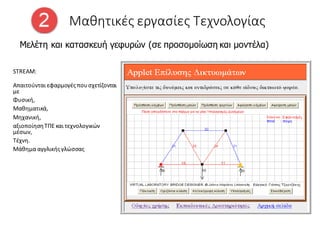 Μαθητικές εργασίες Τεχνολογίας
Μελέτη και κατασκευή γεφυρών (σε προσομοίωση και μοντέλα)
STREAM:
Απαιτούνται εφαρμογέςπουσχετίζονται
με
Φυσική,
Μαθηματικά,
Μηχανική,
αξιοποίησηΤΠΕ και τεχνολογικών
μέσων,
Τέχνη.
Μάθημα αγγλικήςγλώσσας
 