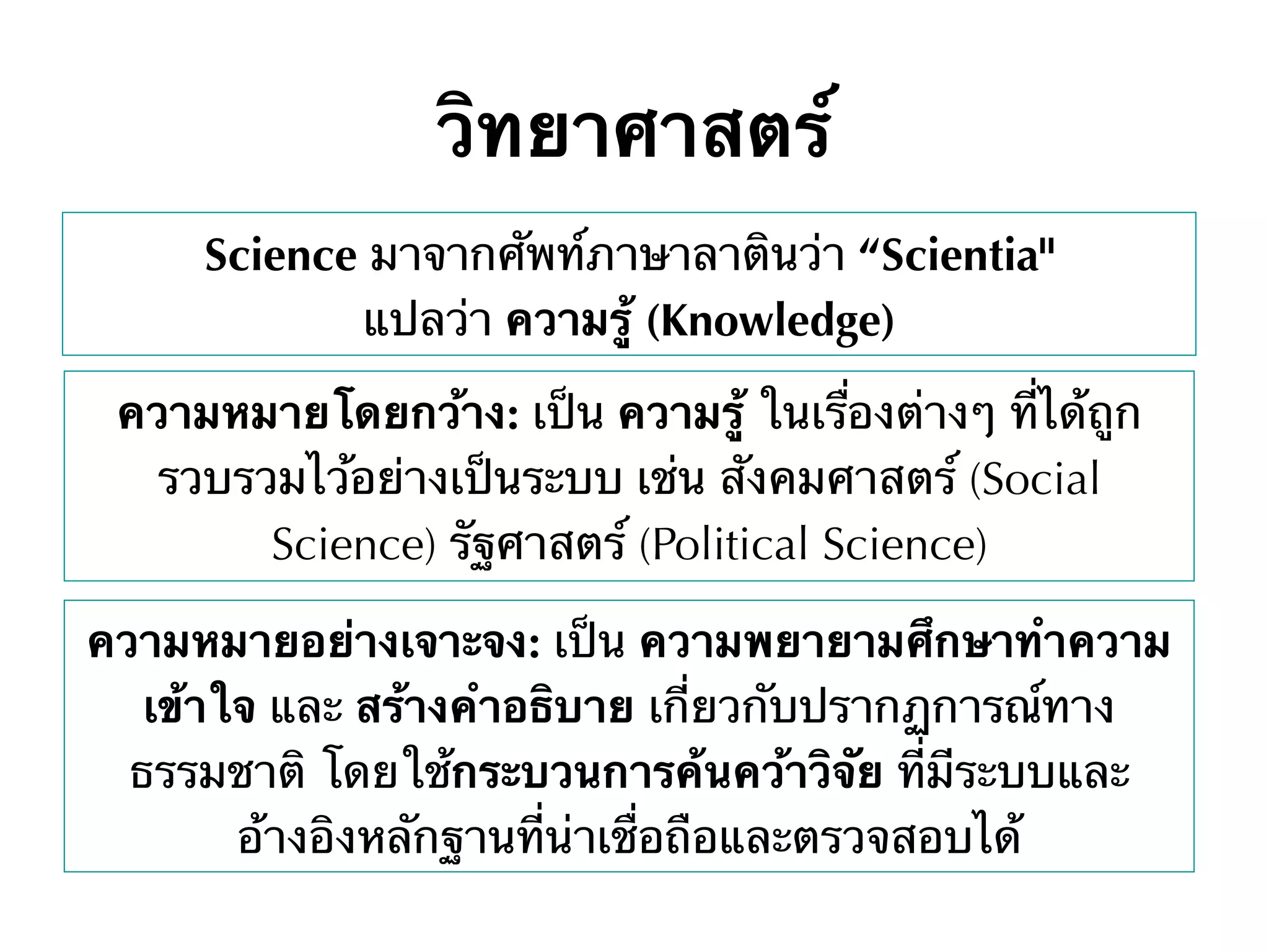 Science มาจากศัพท์ภาษาลาตินว่า “Scientia"
แปลว่า ความรู้ (Knowledge)
ความหมายโดยกว้าง: เป็น ความรู้ ในเรื่องต่างๆ ที่ได้ถูก
รวบรวมไว้อย่างเป็นระบบ เช่น สังคมศาสตร์ (Social
Science) รัฐศาสตร์ (Political Science)
ความหมายอย่างเจาะจง: เป็น ความพยายามศึกษาทำความ
เข้าใจ และ สร้างคำอธิบาย เกี่ยวกับปรากฏการณ์ทาง
ธรรมชาติ โดยใช้กระบวนการค้นคว้าวิจัย ที่มีระบบและ
อ้างอิงหลักฐานที่น่าเชื่อถือและตรวจสอบได้
วิทยาศาสตร์
 