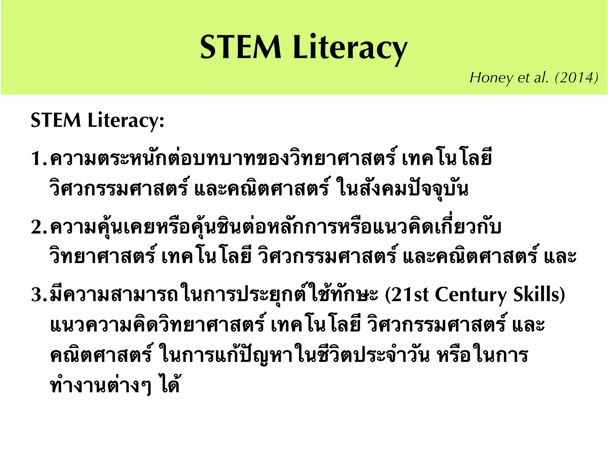 STEM Literacy
STEM Literacy:
1.ความตระหนักต่อบทบาทของวิทยาศาสตร์ เทคโนโลยี
วิศวกรรมศาสตร์ และคณิตศาสตร์ ในสังคมปัจจุบัน
2.ความคุ้นเคยหรือคุ้นชินต่อหลักการหรือแนวคิดเกี่ยวกับ
วิทยาศาสตร์ เทคโนโลยี วิศวกรรมศาสตร์ และคณิตศาสตร์ และ
3.มีความสามารถในการประยุกต์ใช้ทักษะ (21st Century Skills)
แนวความคิดวิทยาศาสตร์ เทคโนโลยี วิศวกรรมศาสตร์ และ
คณิตศาสตร์ ในการแก้ปัญหาในชีวิตประจำวัน หรือในการ
ทำงานต่างๆ ได้
Honey et al. (2014)
 