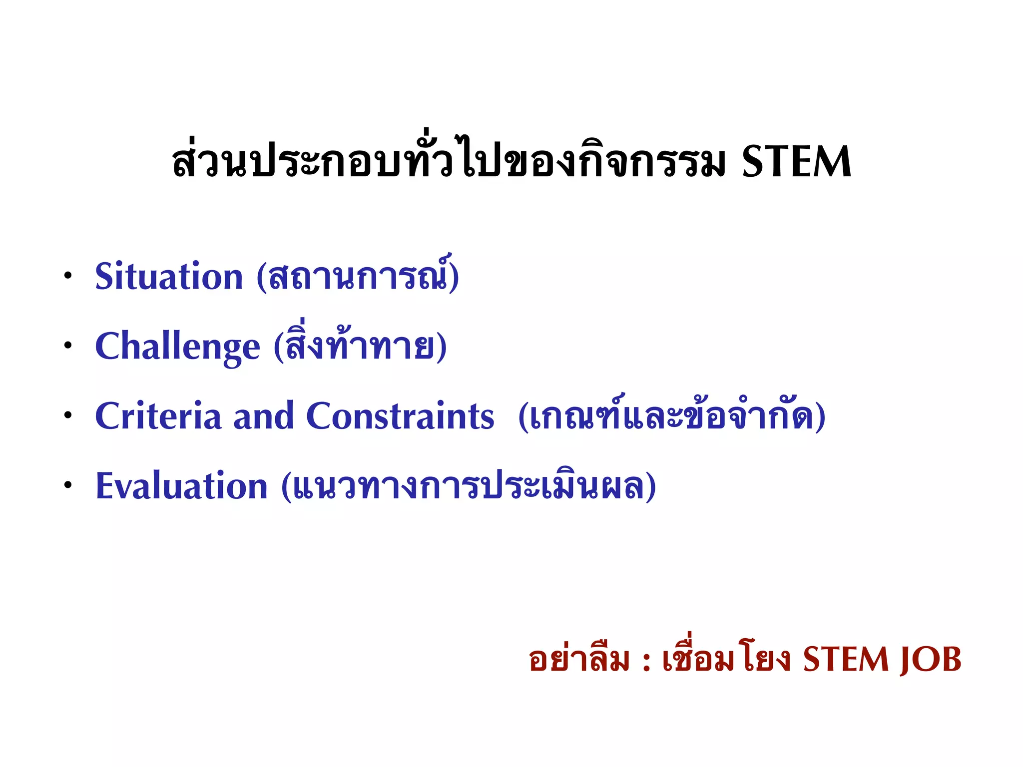 ส่วนประกอบทั่วไปของกิจกรรม STEM
● Situation (สถานการณ์)
● Challenge (สิ่งท้าทาย)
● Criteria and Constraints (เกณฑ์และข้อจำกัด)
● Evaluation (แนวทางการประเมินผล)
อย่าลืม : เชื่อมโยง STEM JOB
 