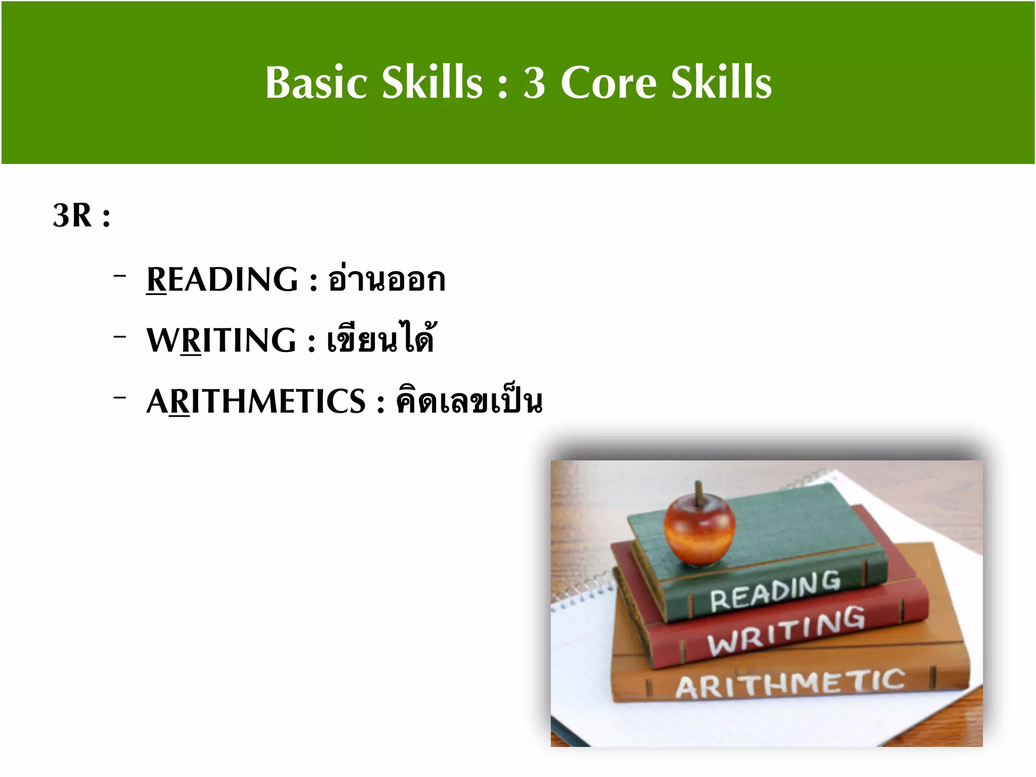 Basic Skills : 3 Core Skills
3R :
− READING : อ่านออก
− WRITING : เขียนได้
− ARITHMETICS : คิดเลขเป็น
 