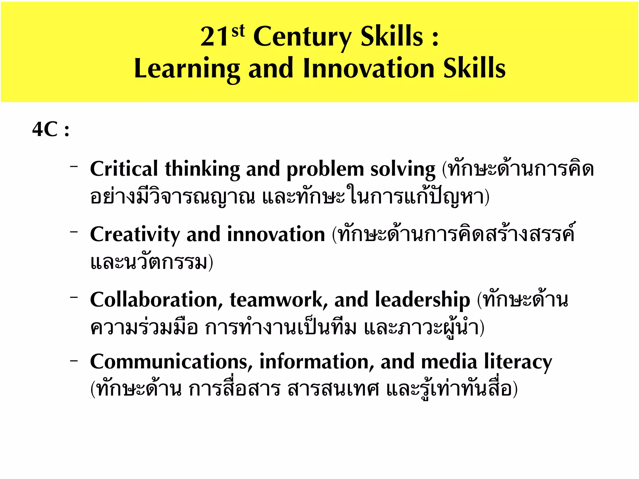 4C :
− Critical thinking and problem solving (ทักษะด้านการคิด
อย่างมีวิจารณญาณ และทักษะในการแก้ปัญหา)
− Creativity and innovation (ทักษะด้านการคิดสร้างสรรค์
และนวัตกรรม)
− Collaboration, teamwork, and leadership (ทักษะด้าน
ความร่วมมือ การทํางานเป็นทีม และภาวะผู้นํา)
− Communications, information, and media literacy
(ทักษะด้าน การสื่อสาร สารสนเทศ และรู้เท่าทันสื่อ)
21st Century Skills :
Learning and Innovation Skills
 