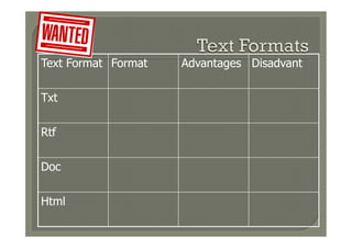 Text Format Format   Advantages Disadvant

Txt

Rtf

Doc

Html
 