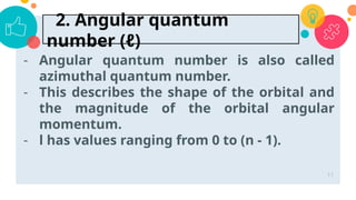 - Angular quantum number is also called
azimuthal quantum number.
- This describes the shape of the orbital and
the magnitude of the orbital angular
momentum.
- l has values ranging from 0 to (n - 1).
11
2. Angular quantum
number (ℓ)
 