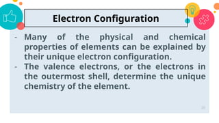 - Many of the physical and chemical
properties of elements can be explained by
their unique electron configuration.
- The valence electrons, or the electrons in
the outermost shell, determine the unique
chemistry of the element.
26
Electron Configuration
 