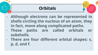 - Although electrons can be represented in
shells circling the nucleus of an atom, they
in fact, move along complicated paths.
- These paths are called orbitals or
subshells.
- There are four different orbital shapes: s,
p, d, and f.
30
Orbitals
 