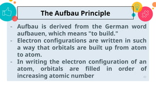 - Aufbau is derived from the German word
aufbauen, which means "to build."
- Electron configurations are written in such
a way that orbitals are built up from atom
to atom.
- In writing the electron configuration of an
atom, orbitals are filled in order of
increasing atomic number 40
The Aufbau Principle
 