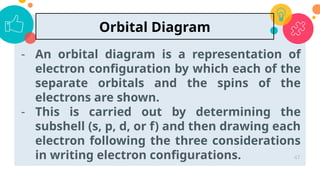 - An orbital diagram is a representation of
electron configuration by which each of the
separate orbitals and the spins of the
electrons are shown.
- This is carried out by determining the
subshell (s, p, d, or f) and then drawing each
electron following the three considerations
in writing electron configurations. 47
Orbital Diagram
 
