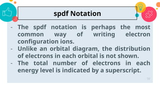 - The spdf notation is perhaps the most
common way of writing electron
configuration ions.
- Unlike an orbital diagram, the distribution
of electrons in each orbital is not shown.
- The total number of electrons in each
energy level is indicated by a superscript.
50
spdf Notation
 