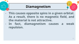 - This causes opposite spins in a given orbital.
As a result, there is no magnetic field, and
the material is not attractive.
- In fact, diamagnetism causes a weak
repulsion.
63
Diamagnetism
 