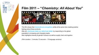 Film 2011 – “Chemistry: All About You”
This film shows that chemicals are everywhere while at the same time creating positive
feelings about these products.
After all, chemicals make our daily lives better by responding to the global
population’s increasing and changing needs.
Also highlights diversity & gender inclusion as well as supply chain and logistics
(Film duration : 3 minutes 12 seconds – 15 language versions)
 