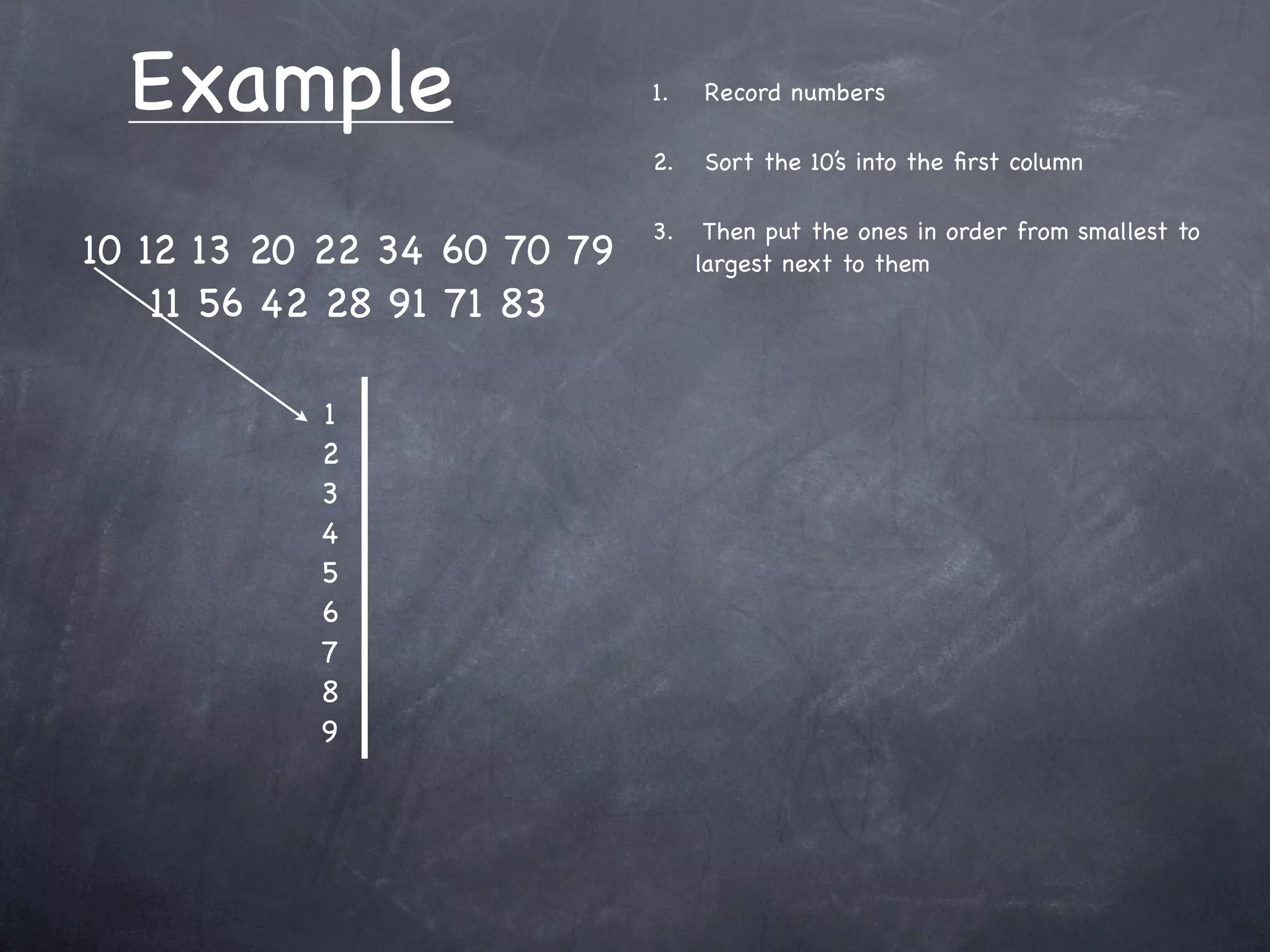 Example                    1.   Record numbers

                             2.   Sort the 10’s into the ﬁrst column

                             3.    Then put the ones in order from smallest to
10 12 13 20 22 34 60 70 79        largest next to them
    11 56 42 28 91 71 83

           1
           2
           3
           4
           5
           6
           7
           8
           9
 