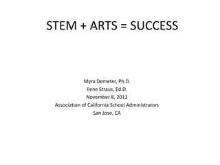STEM + ARTS = SUCCESS

Myra Demeter, Ph.D.
Ilene Straus, Ed.D.
November 8, 2013
Association of California School Administrators
San Jose, CA

 