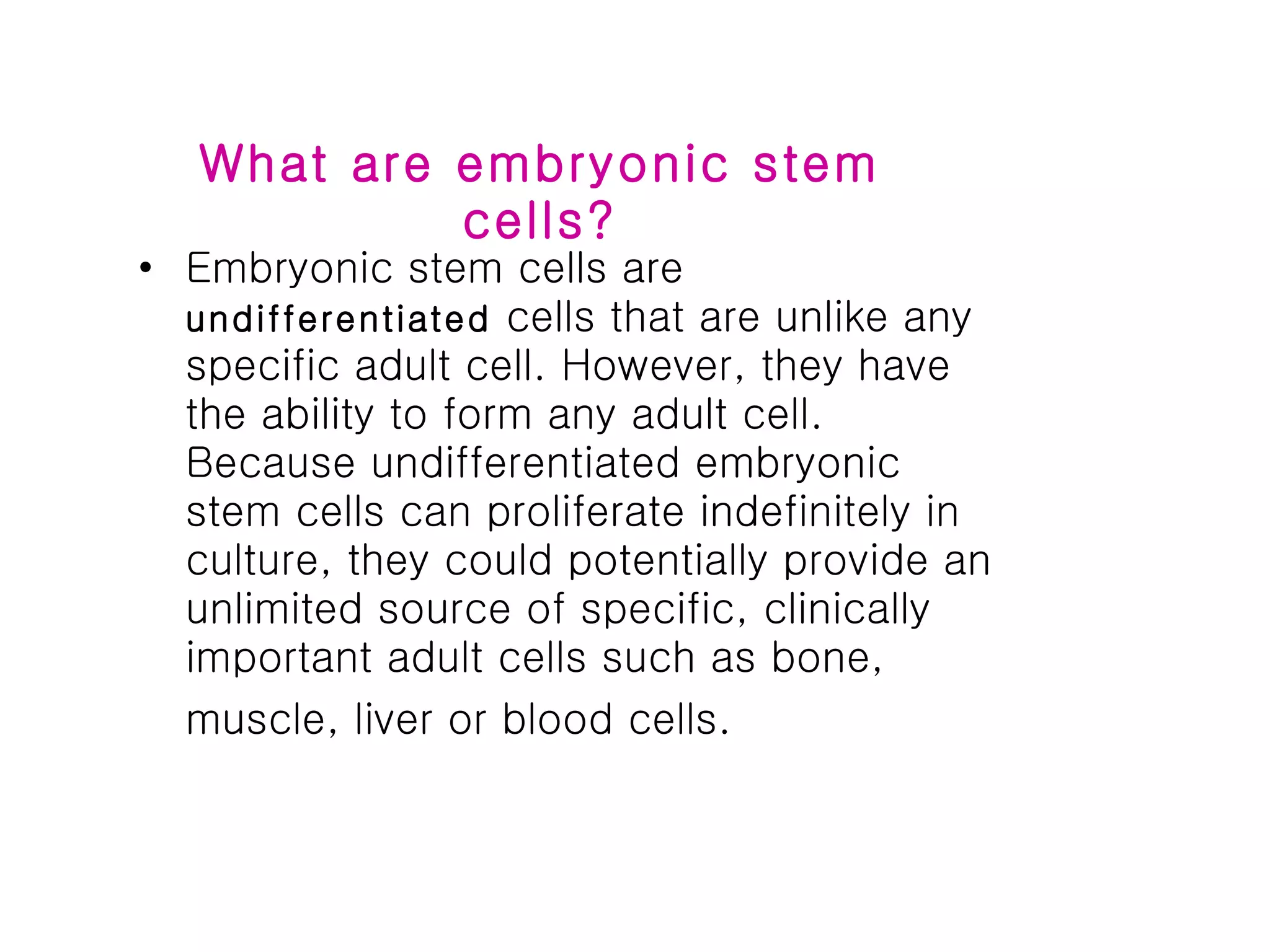 What are embryonic stem cells? Embryonic stem cells are  undifferentiated  cells that are unlike any specific adult cell. However, they have the ability to form any adult cell. Because undifferentiated embryonic stem cells can proliferate indefinitely in culture, they could potentially provide an unlimited source of specific, clinically important adult cells such as bone, muscle, liver or blood cells.   