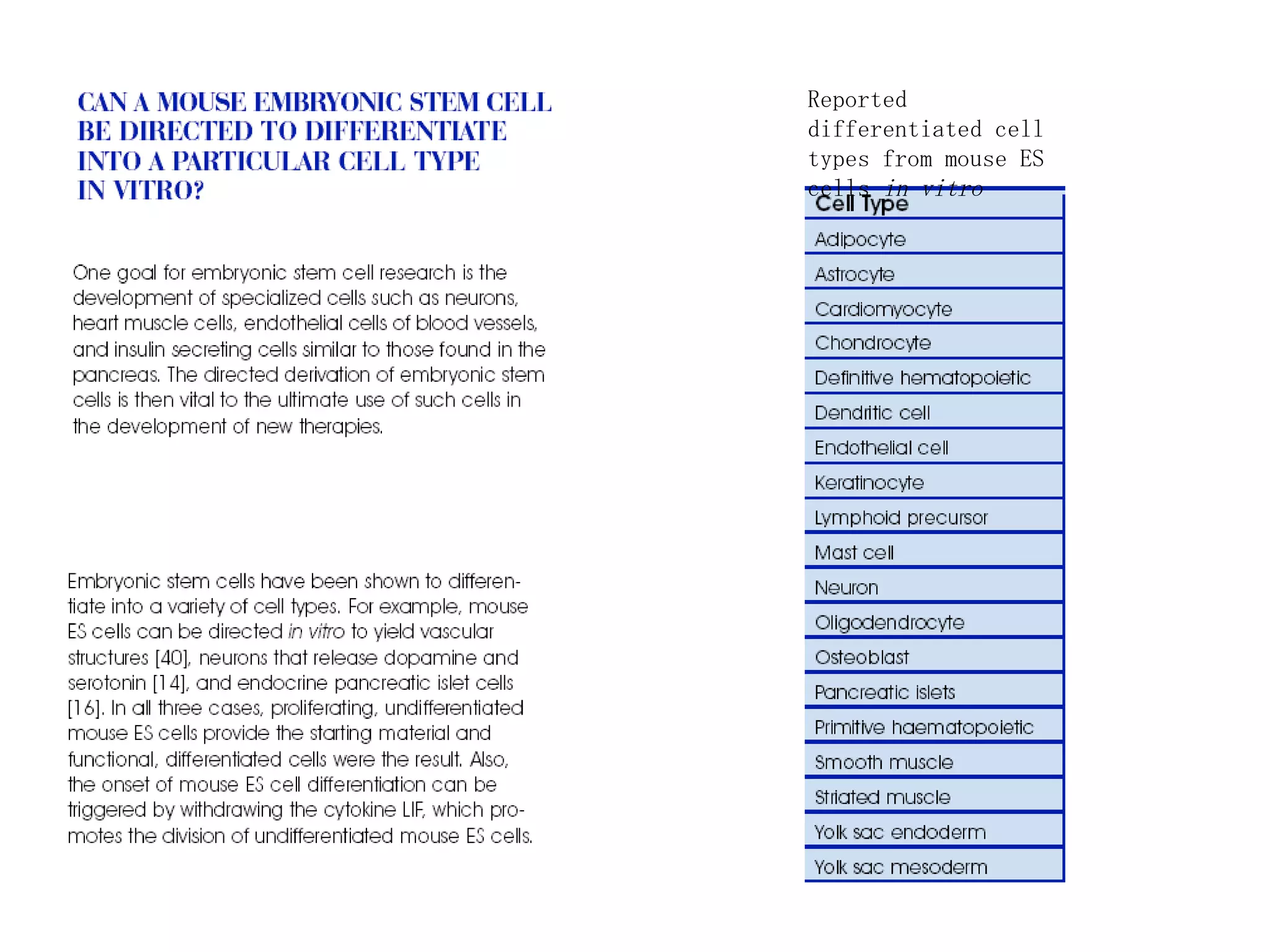 Reported differentiated cell types from mouse ES cells  in vitro 