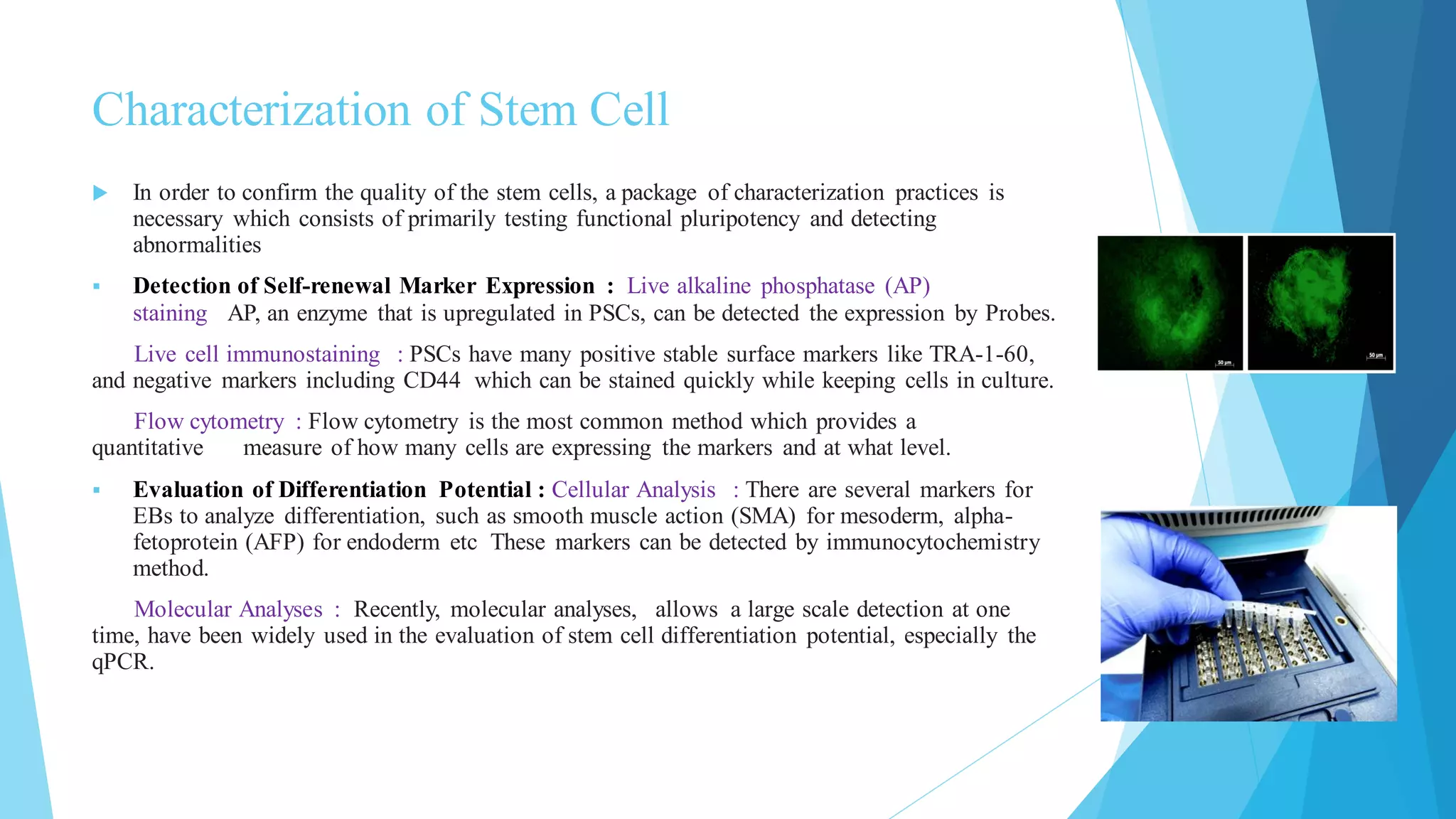 Characterization of Stem Cell
 In order to confirm the quality of the stem cells, a package of characterization practices is
necessary which consists of primarily testing functional pluripotency and detecting
abnormalities
▪ Detection of Self-renewal Marker Expression : Live alkaline phosphatase (AP)
staining AP, an enzyme that is upregulated in PSCs, can be detected the expression by Probes.
Live cell immunostaining : PSCs have many positive stable surface markers like TRA-1-60,
and negative markers including CD44 which can be stained quickly while keeping cells in culture.
Flow cytometry : Flow cytometry is the most common method which provides a
quantitative measure of how many cells are expressing the markers and at what level.
▪ Evaluation of Differentiation Potential : Cellular Analysis : There are several markers for
EBs to analyze differentiation, such as smooth muscle action (SMA) for mesoderm, alpha-
fetoprotein (AFP) for endoderm etc These markers can be detected by immunocytochemistry
method.
Molecular Analyses : Recently, molecular analyses, allows a large scale detection at one
time, have been widely used in the evaluation of stem cell differentiation potential, especially the
qPCR.
 