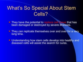 What’s So Special About Stem
Cells?
They have the potential to replace cell tissue that has
been damaged or destroyed by severe illnesses.
They can replicate themselves over and over for a very
long time.
Understanding how stem cells develop into healthy and
diseased cells will assist the search for cures.
 